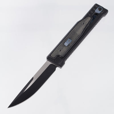 Reate Exo Large - Black Titanium w/ Micarta Inlays & Blue Ti Accents - 2-Tone Elmax *PRE-OWNED*
