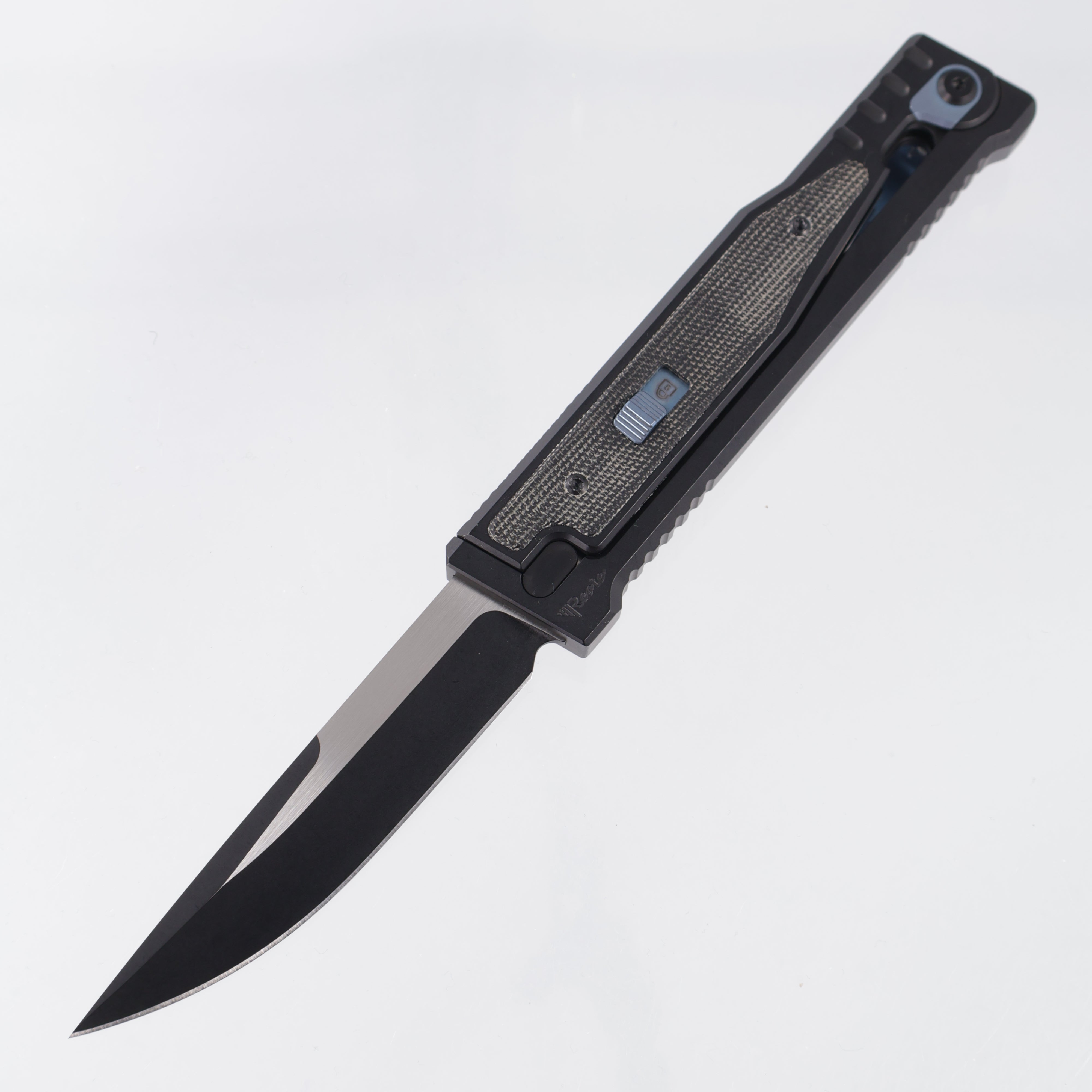 Reate Exo Large - Black Titanium w/ Micarta Inlays & Blue Ti Accents - 2-Tone Elmax *PRE-OWNED*