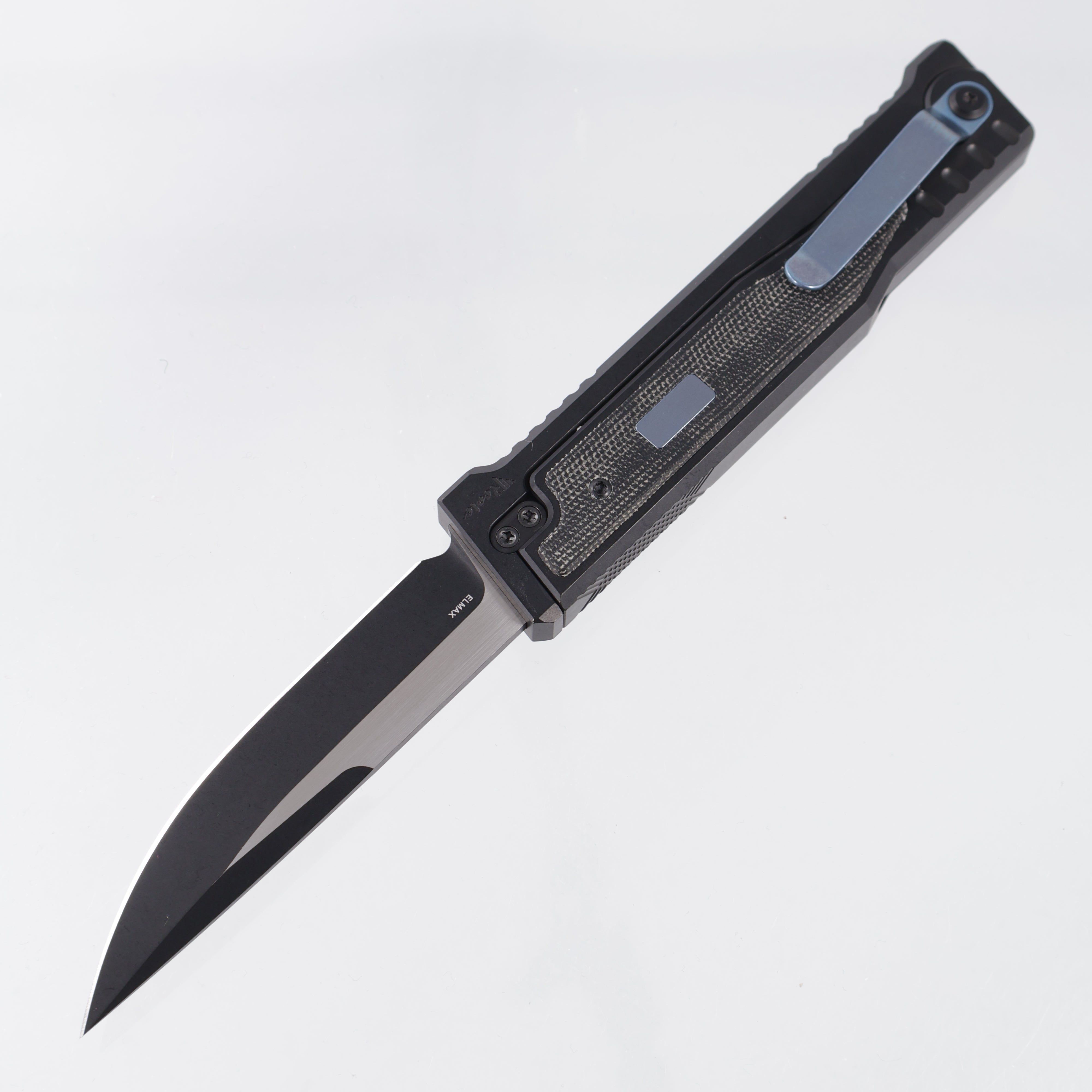 Reate Exo Large - Black Titanium w/ Micarta Inlays & Blue Ti Accents - 2-Tone Elmax *PRE-OWNED*