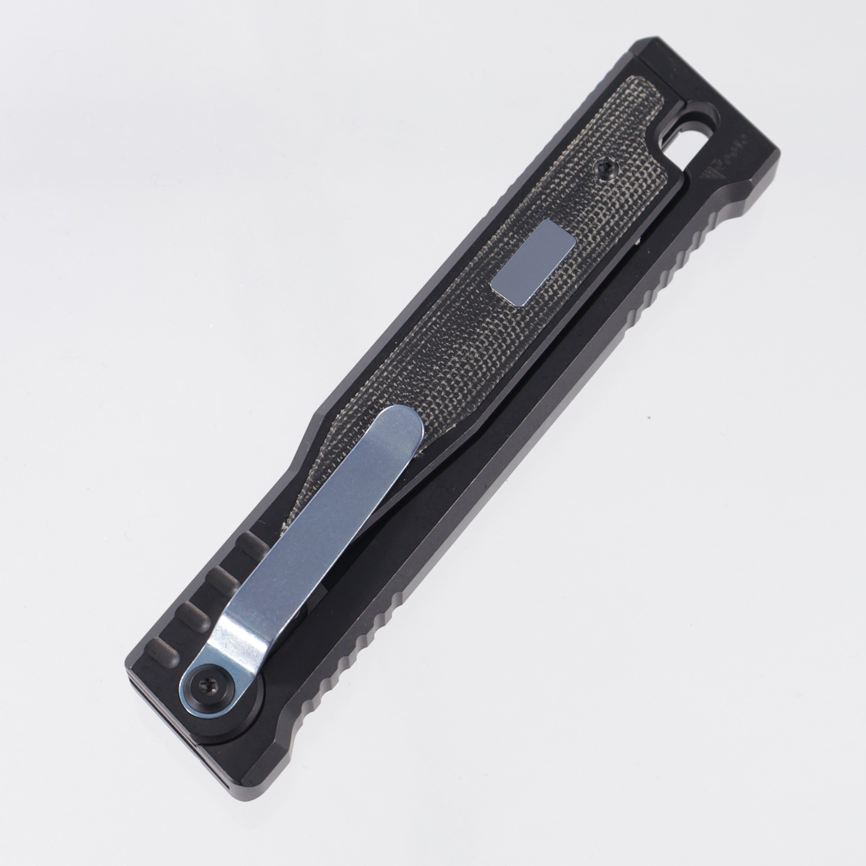 Reate Exo Large - Black Titanium w/ Micarta Inlays & Blue Ti Accents - 2-Tone Elmax *PRE-OWNED*