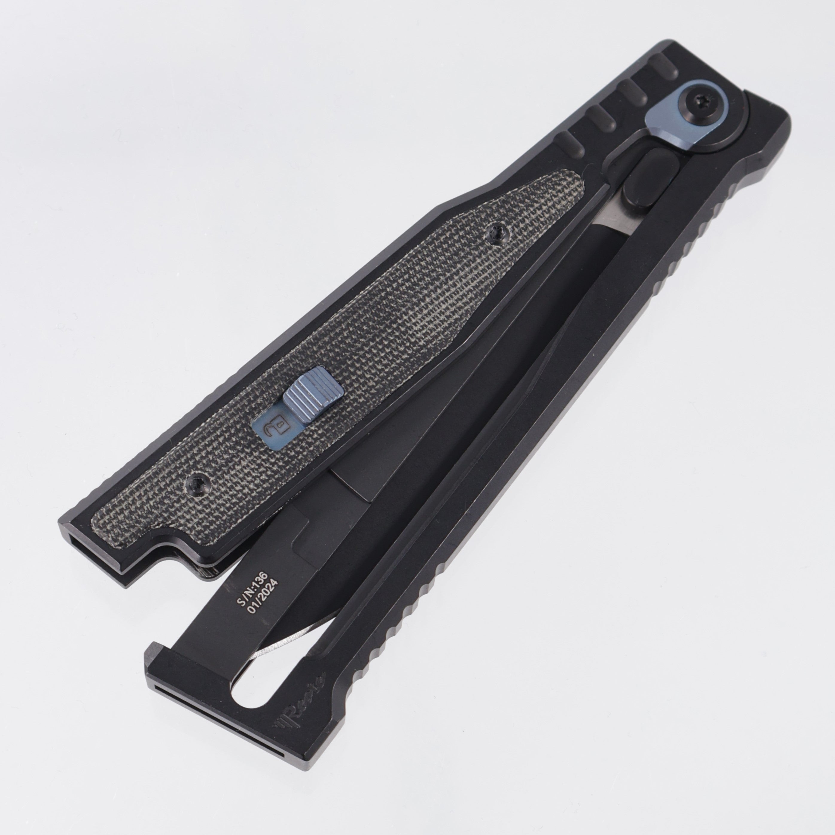 Reate Exo Large - Black Titanium w/ Micarta Inlays & Blue Ti Accents - 2-Tone Elmax *PRE-OWNED*