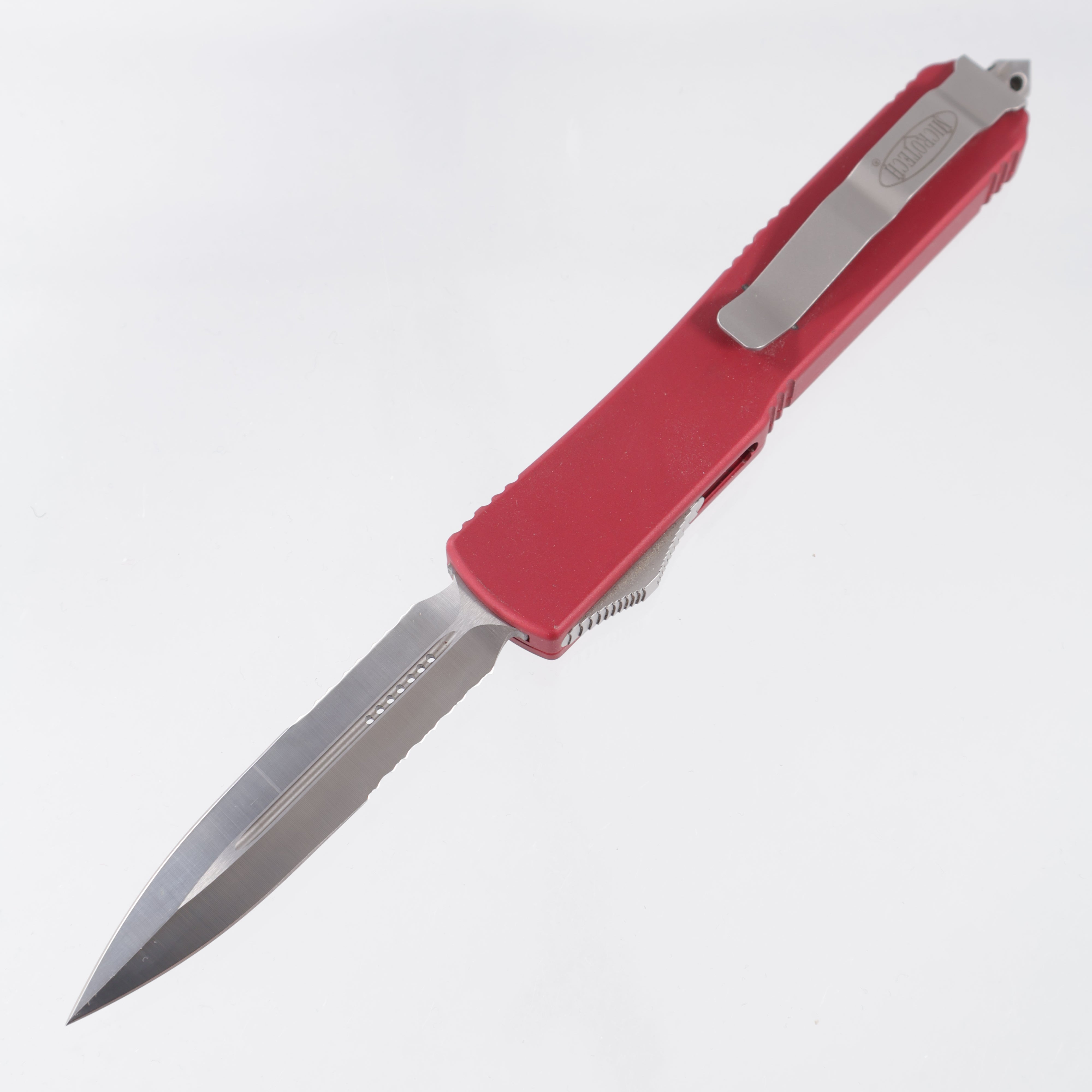 Microtech Ultratech Square Body Double Edge - Red Aluminum - Satin Partial Serrate Elmax - 122-5 RD *PRE-OWNED*