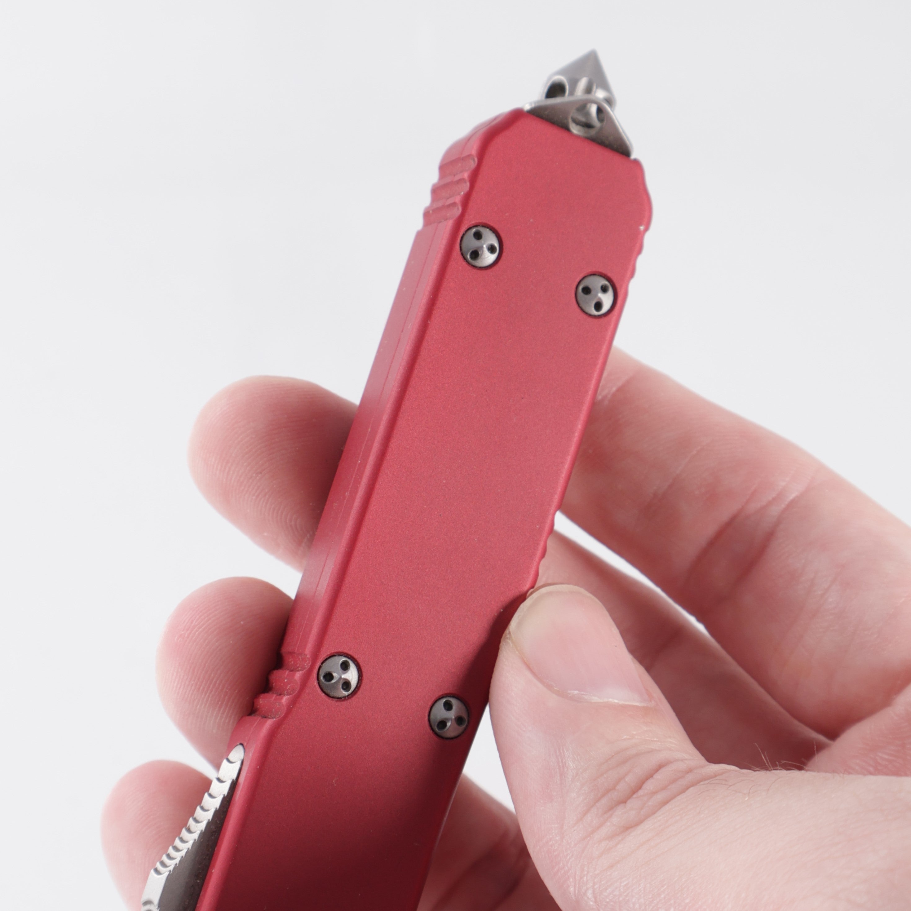 Microtech Ultratech Square Body Double Edge - Red Aluminum - Satin Partial Serrate Elmax - 122-5 RD *PRE-OWNED*