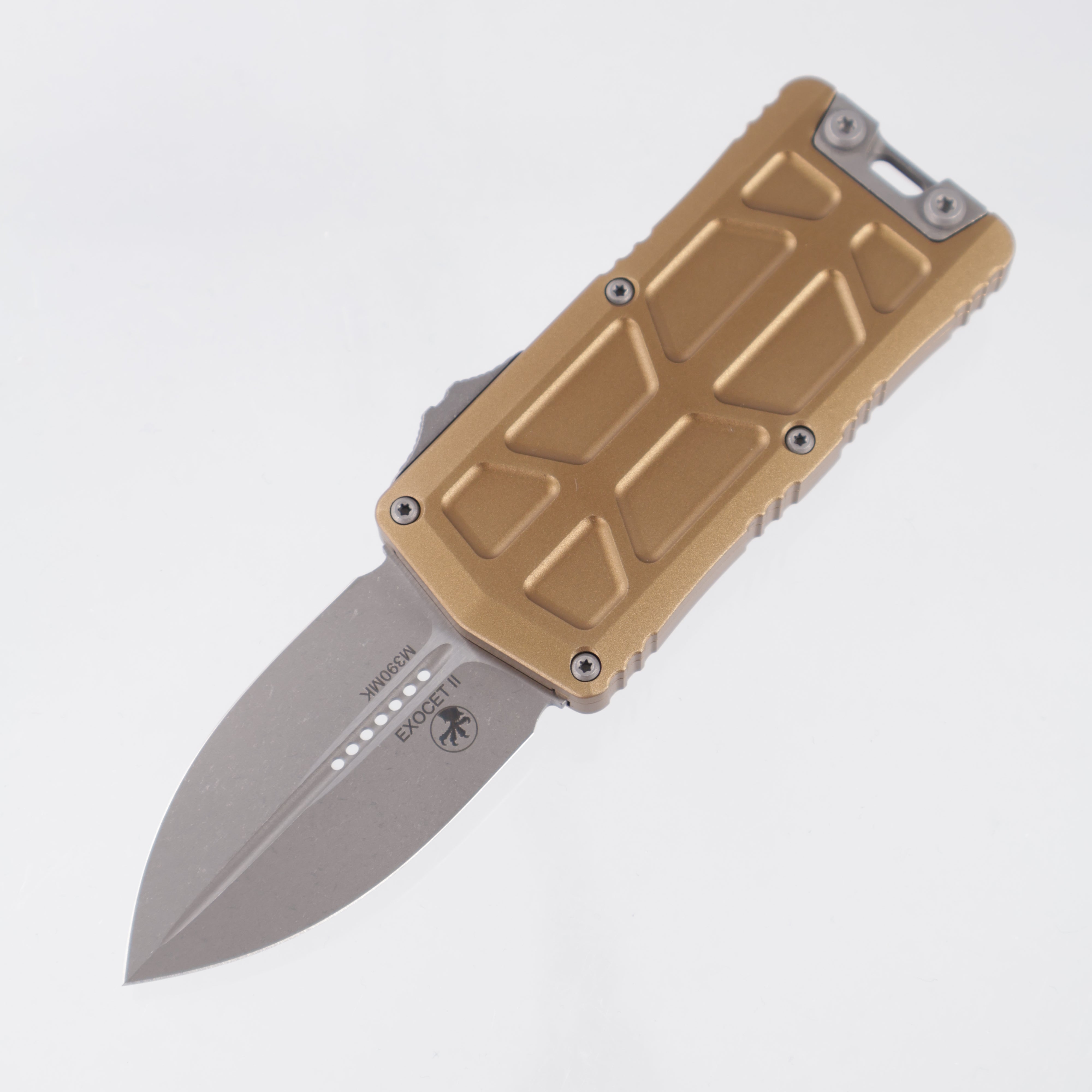 Microtech Exocet II Double Edge - Tan Aluminum - Apocalyptic M390MK - 1157-10 APTA *PRE-OWNED*