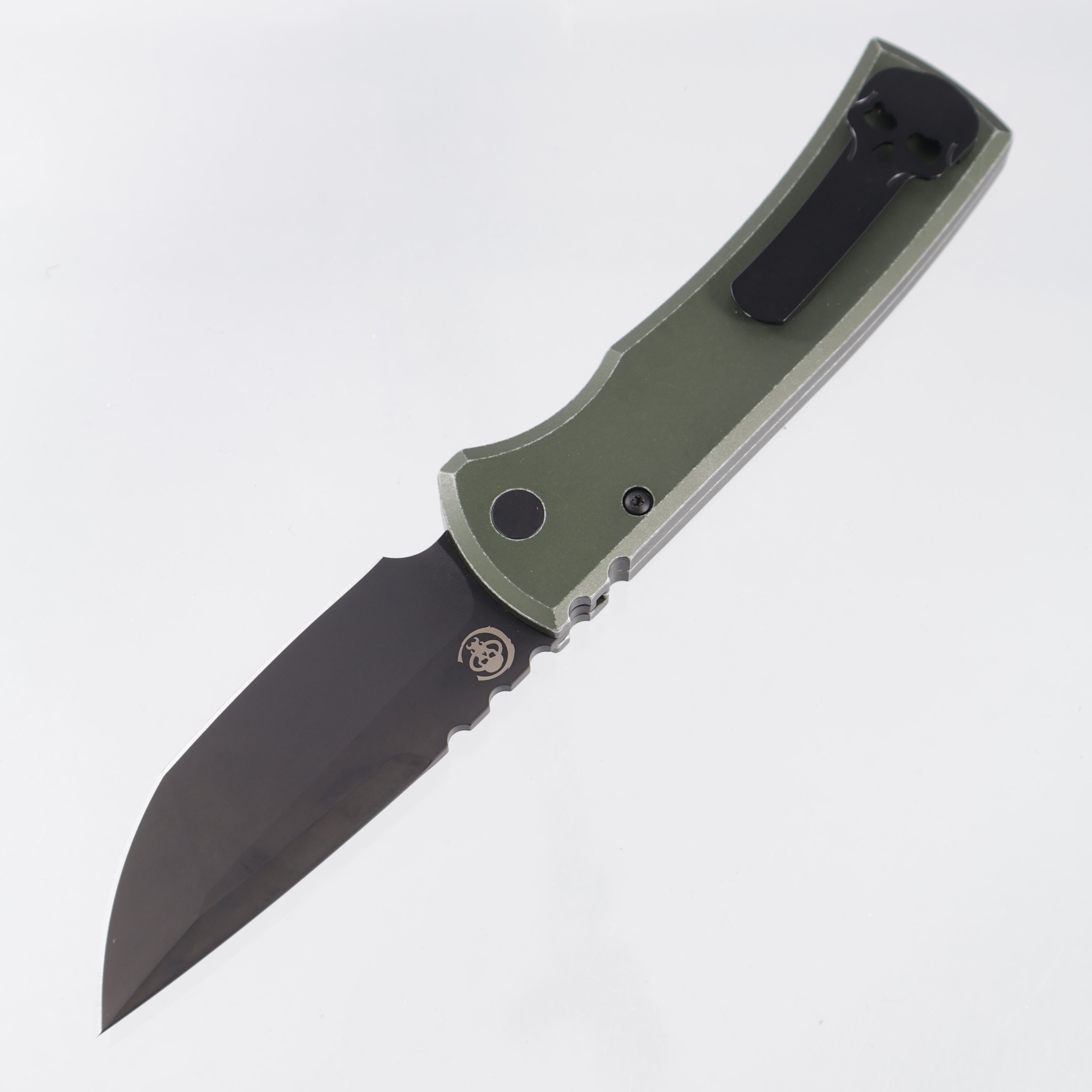 Pro-Tech Redencion Auto Tanto - Battleworn Green Aluminum w/ Black Lip Pearl Button - DLC S35VN - RCR1103-LTD BW Green *PRE-OWNED*