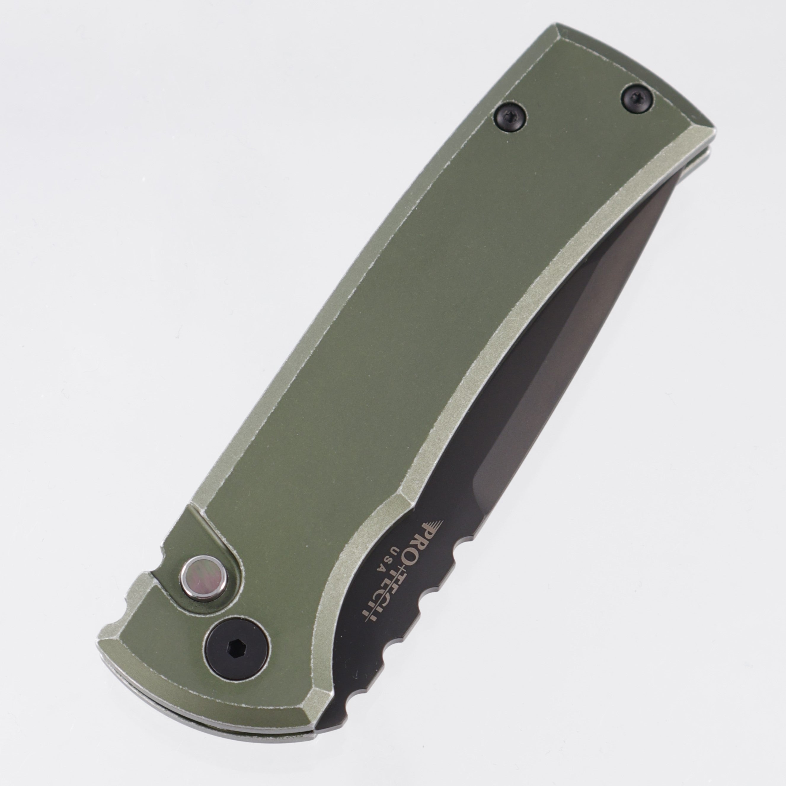 Pro-Tech Redencion Auto Tanto - Battleworn Green Aluminum w/ Black Lip Pearl Button - DLC S35VN - RCR1103-LTD BW Green *PRE-OWNED*