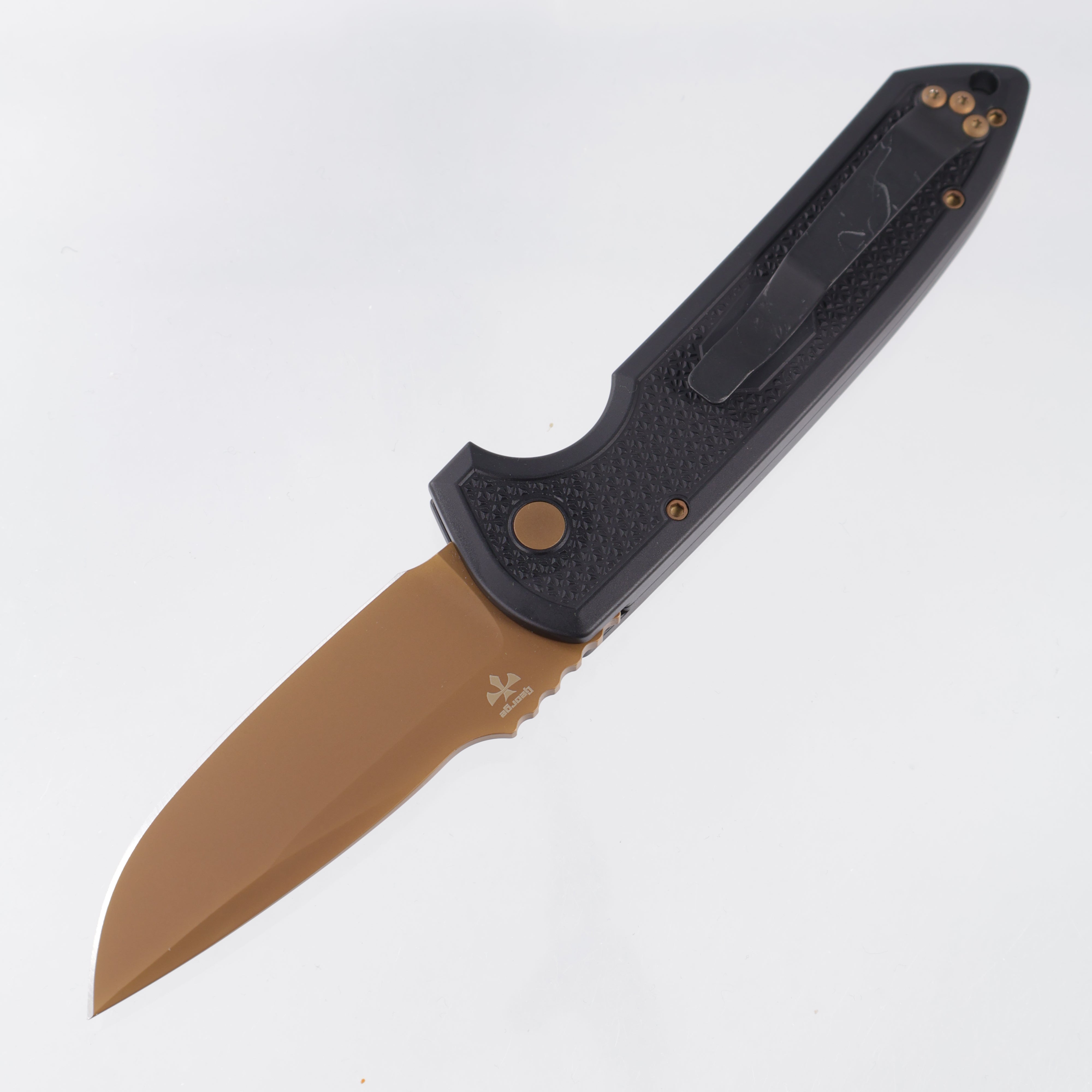 Pro-Tech Rockeye Enthusiant Group Exclusive - Black Carbide Texture Aluminum - Tan PVD Magnacut - 2026 Exclusive 003 *PRE-OWNED*