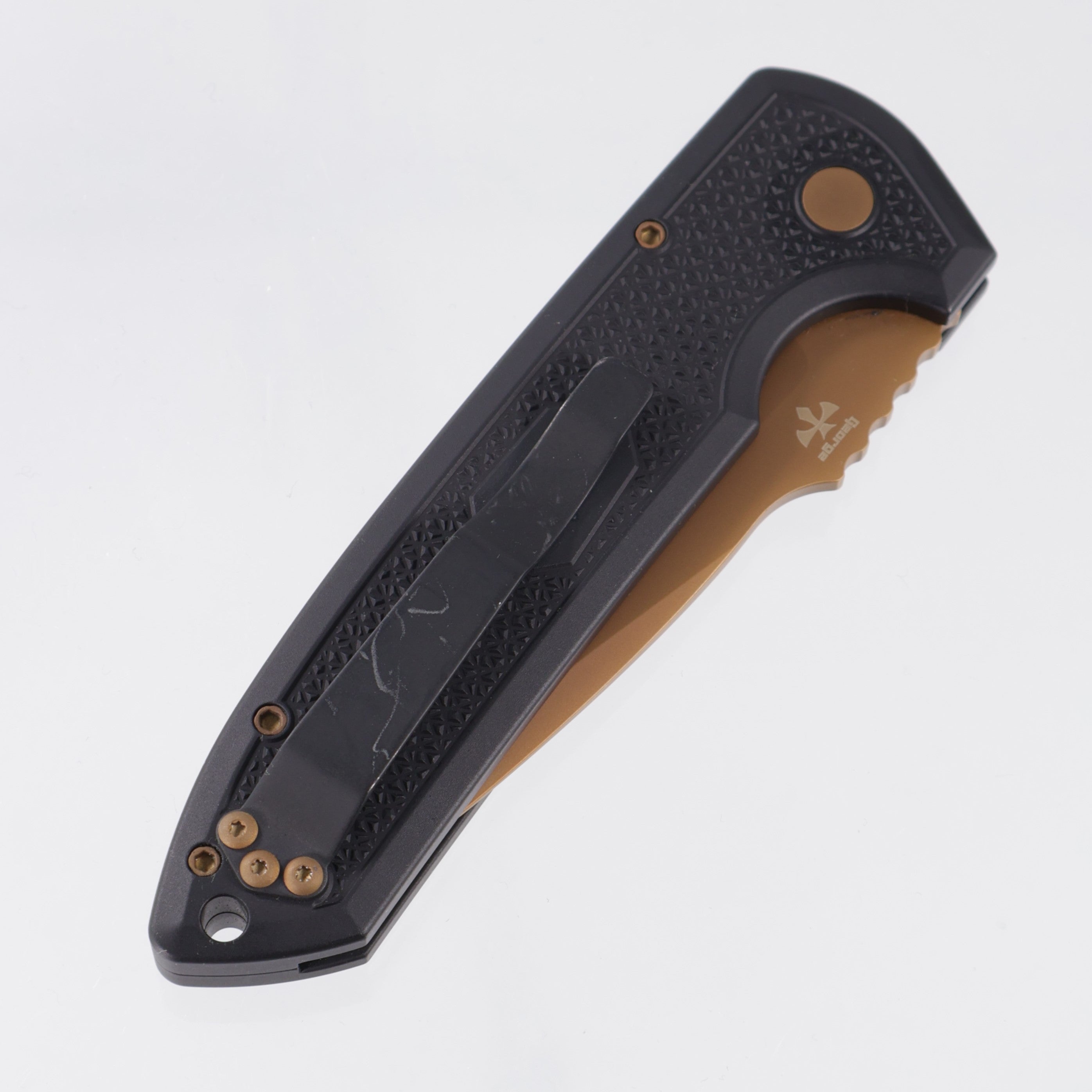 Pro-Tech Rockeye Enthusiant Group Exclusive - Black Carbide Texture Aluminum - Tan PVD Magnacut - 2026 Exclusive 003 *PRE-OWNED*