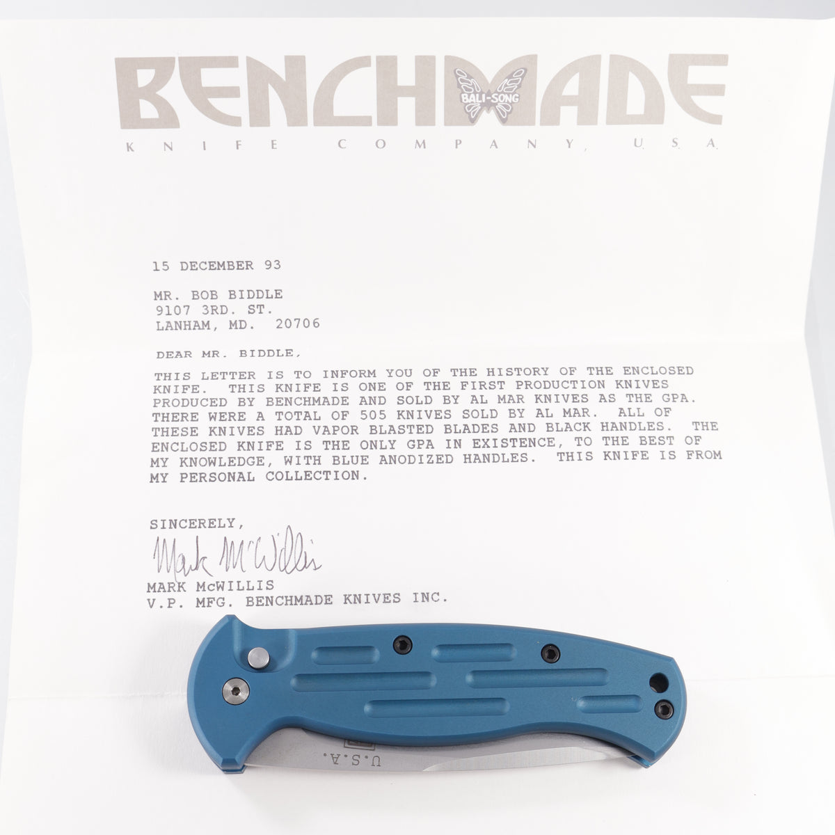 Bali-Song (Benchmade) Al-Mar GPA Automatic (One of One) - Blue Aluminum - Beadblast Partial Serrate ATS-34 Blade *PRE-OWNED*