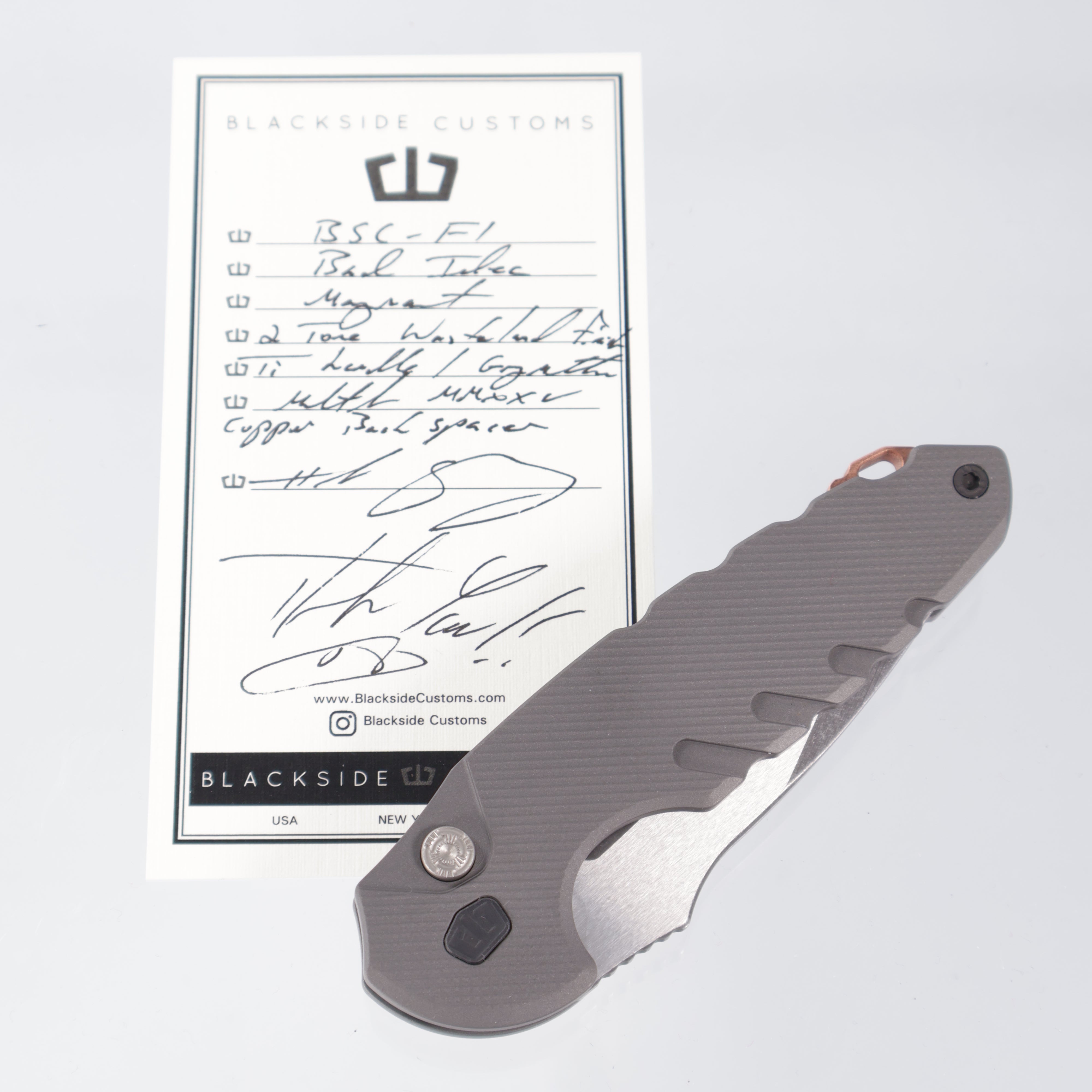 Blackside Customs Bad Idea Auto - Titanium Handle - Two-Tone Wasteland Finish Magnacut - Titanium Hardware & Clip w/ Copper Backspacer - BSC-F1