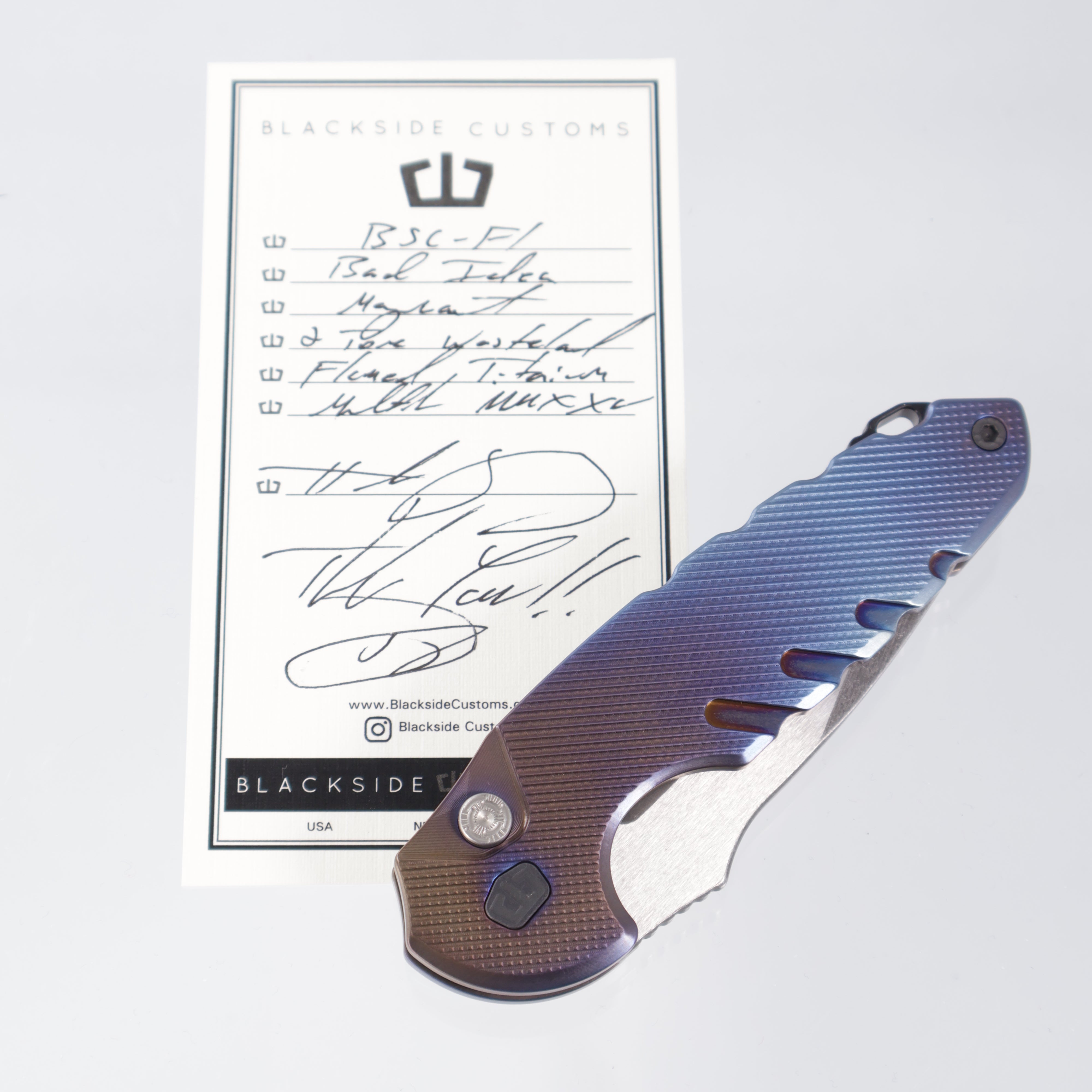 Blackside Customs Bad Idea Auto - Flamed Titanium - Two-Tone Wasteland Finish Magnacut - Titanium Hardware & Clip - BSC-F1