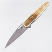 Brad Zinker Teardrop Wharncliffe 3.25 - Mammoth Ivory w/ Blurple Titanium Liners & Clip - Duplex Grind Bjorkmans Twist Damasteel
