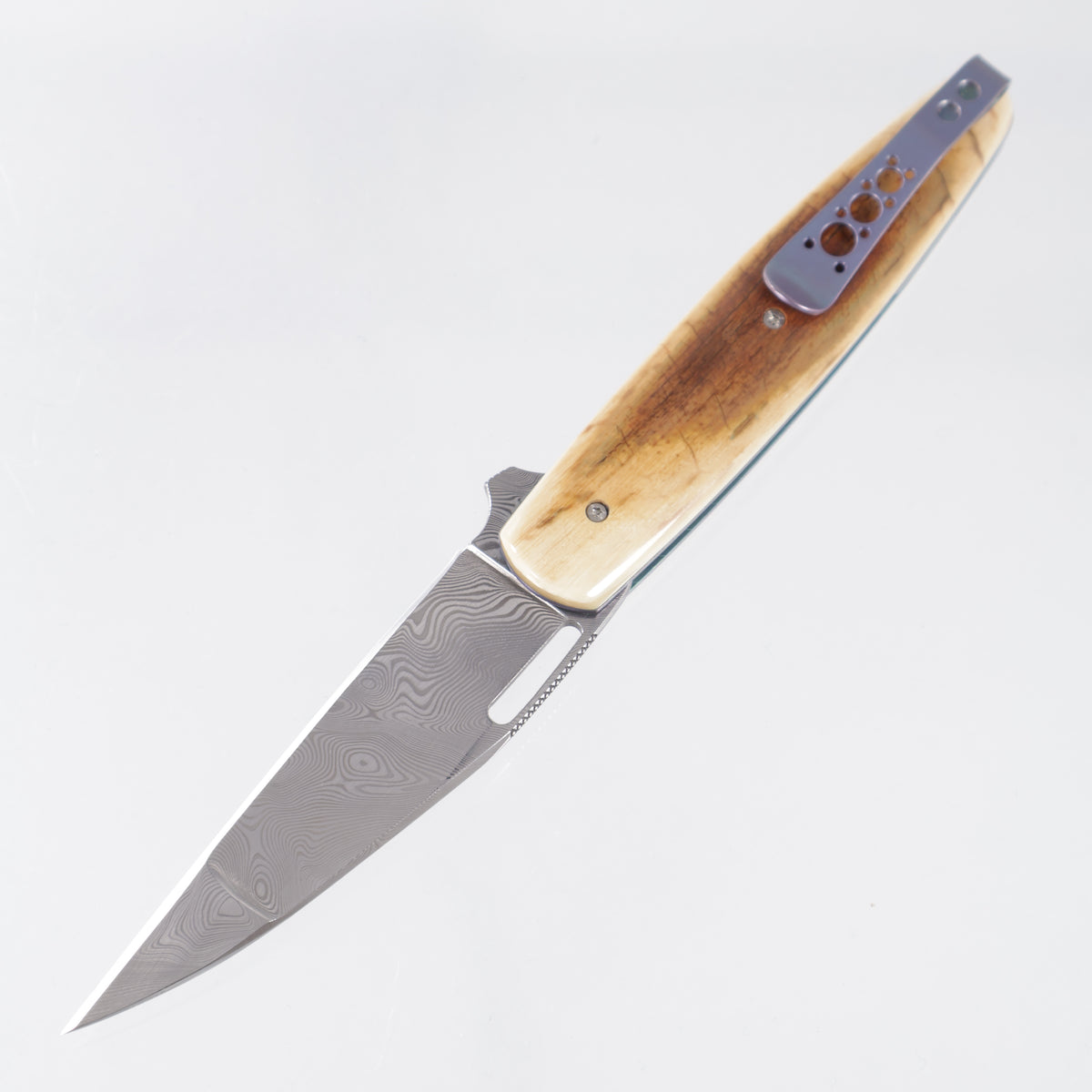 Brad Zinker Teardrop Wharncliffe 3.25 - Mammoth Ivory w/ Blurple Titanium Liners & Clip - Duplex Grind Bjorkmans Twist Damasteel