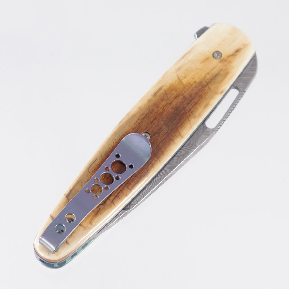Brad Zinker Teardrop Wharncliffe 3.25 - Mammoth Ivory w/ Blurple Titanium Liners & Clip - Duplex Grind Bjorkmans Twist Damasteel