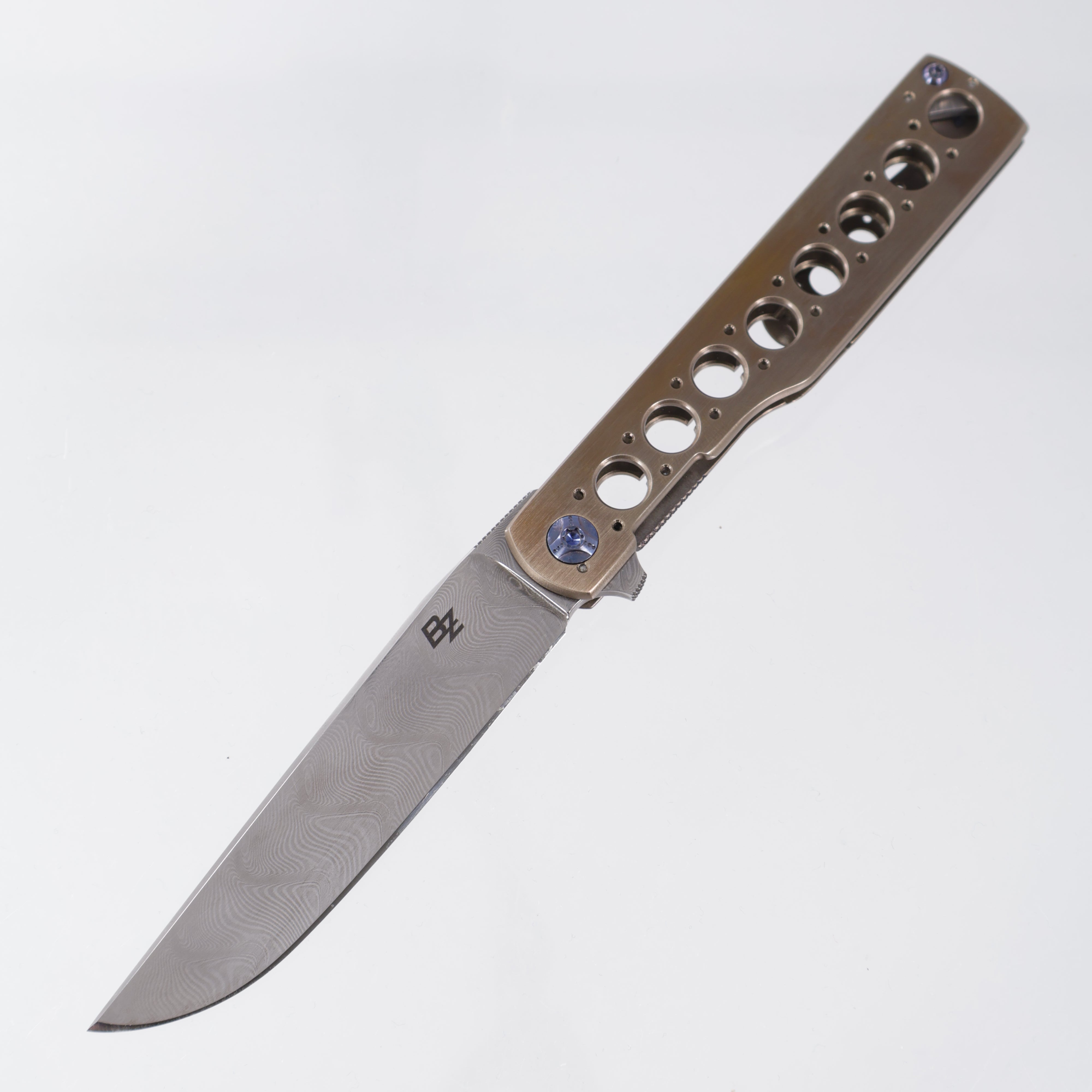 Brad Zinker Gunstock Flipper - Bronze Titanium w/ Blue Hardware - Glock Herringbone Damascus