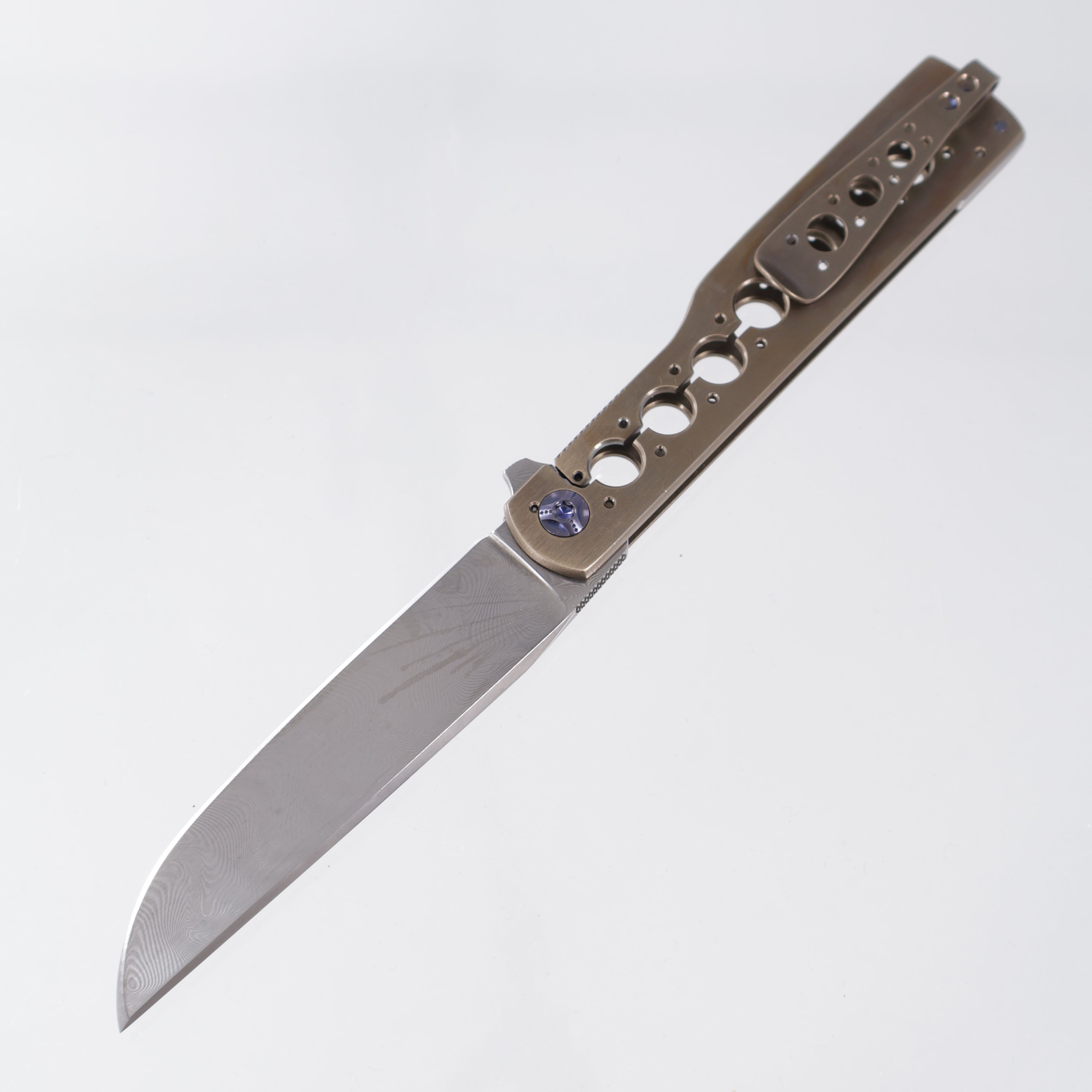 Brad Zinker Gunstock Flipper - Bronze Titanium w/ Blue Hardware - Glock Herringbone Damascus