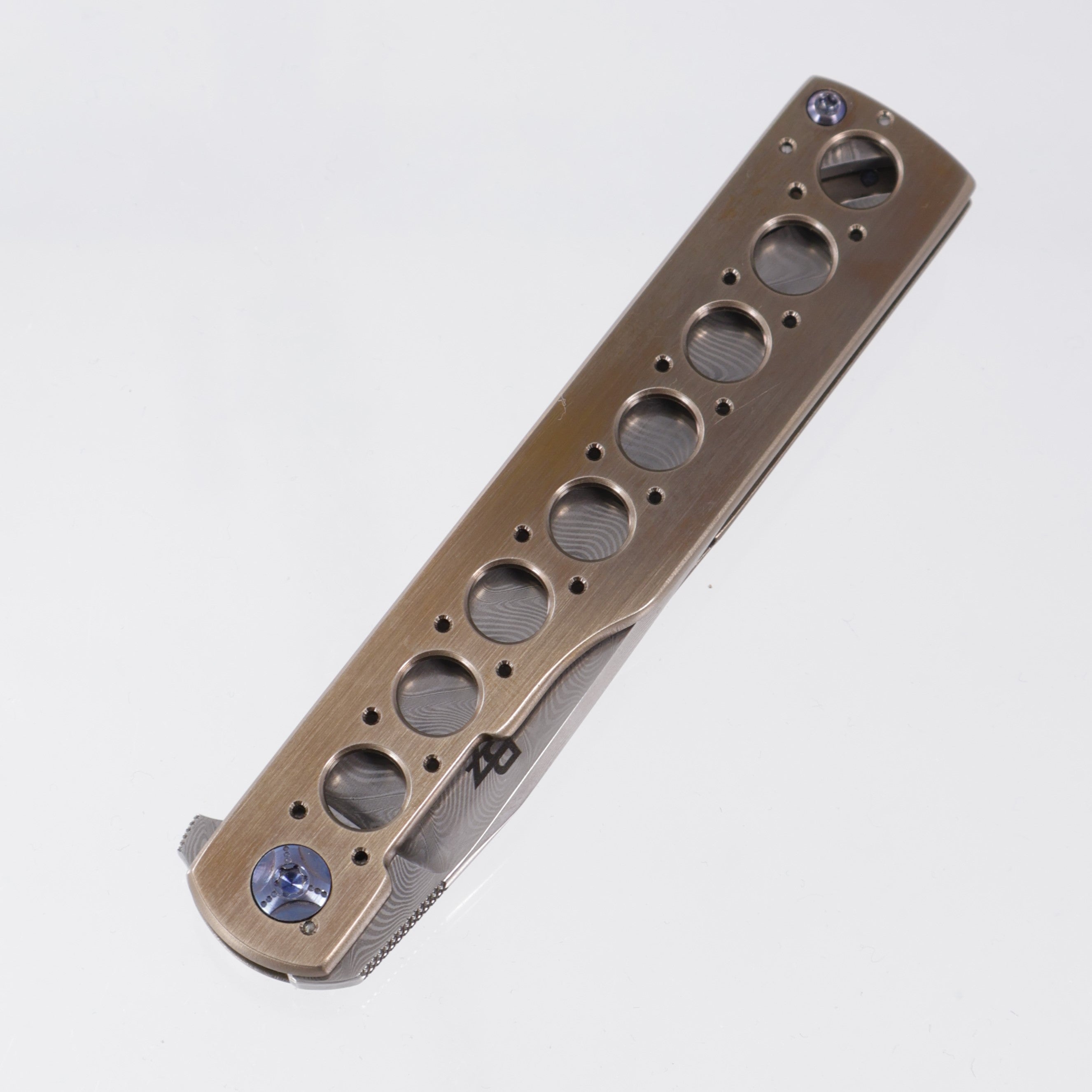 Brad Zinker Gunstock Flipper - Bronze Titanium w/ Blue Hardware - Glock Herringbone Damascus