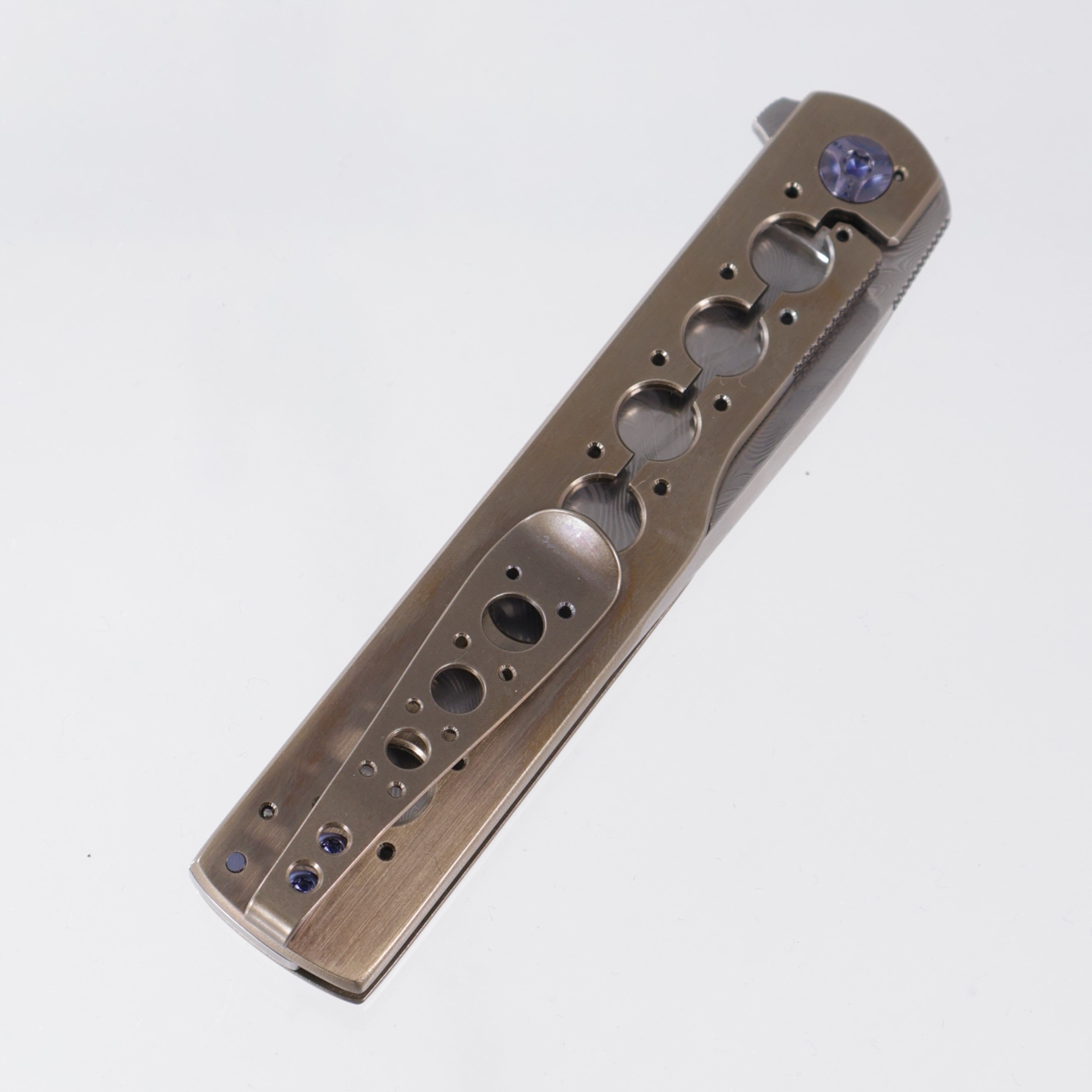Brad Zinker Gunstock Flipper - Bronze Titanium w/ Blue Hardware - Glock Herringbone Damascus