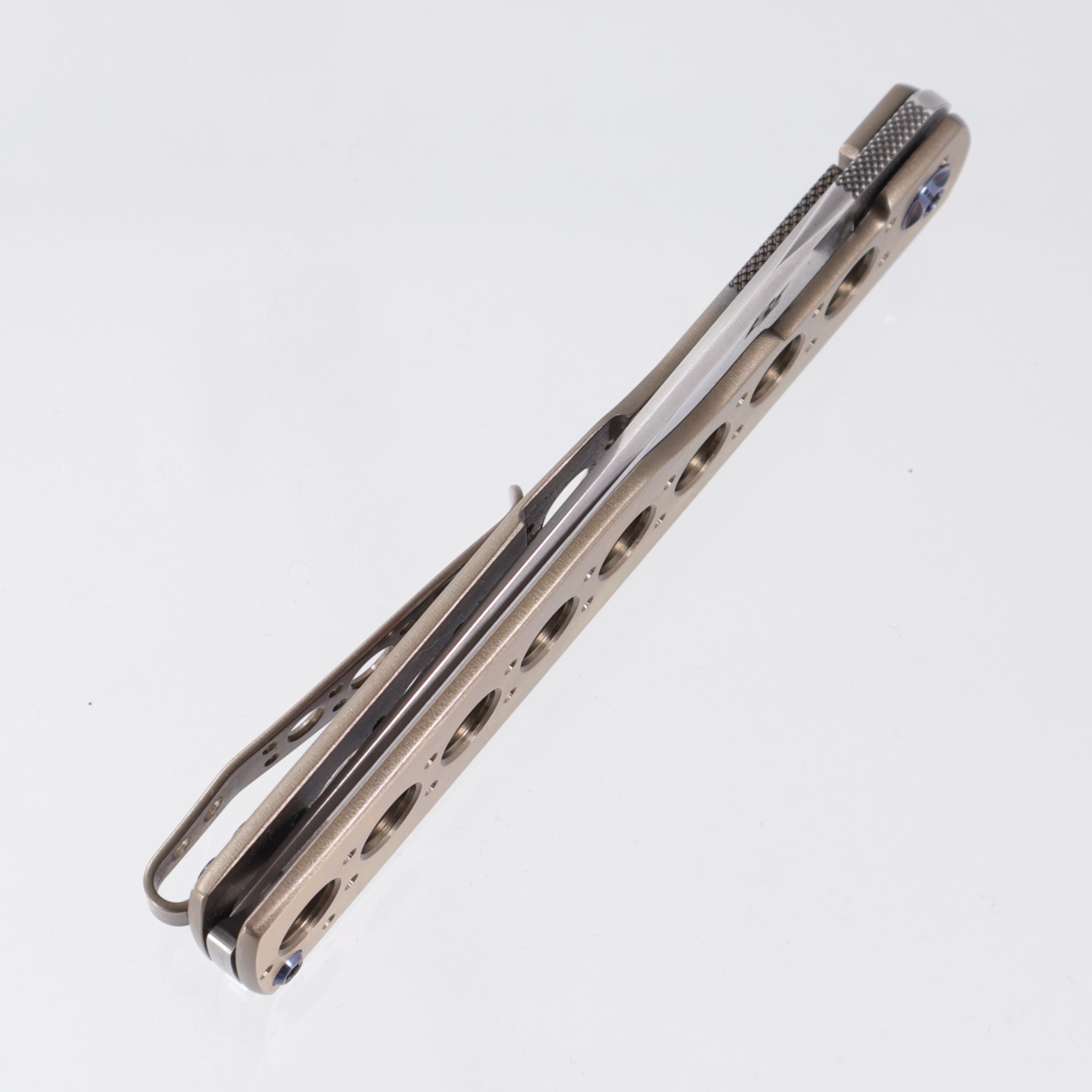Brad Zinker Gunstock Flipper - Bronze Titanium w/ Blue Hardware - Glock Herringbone Damascus