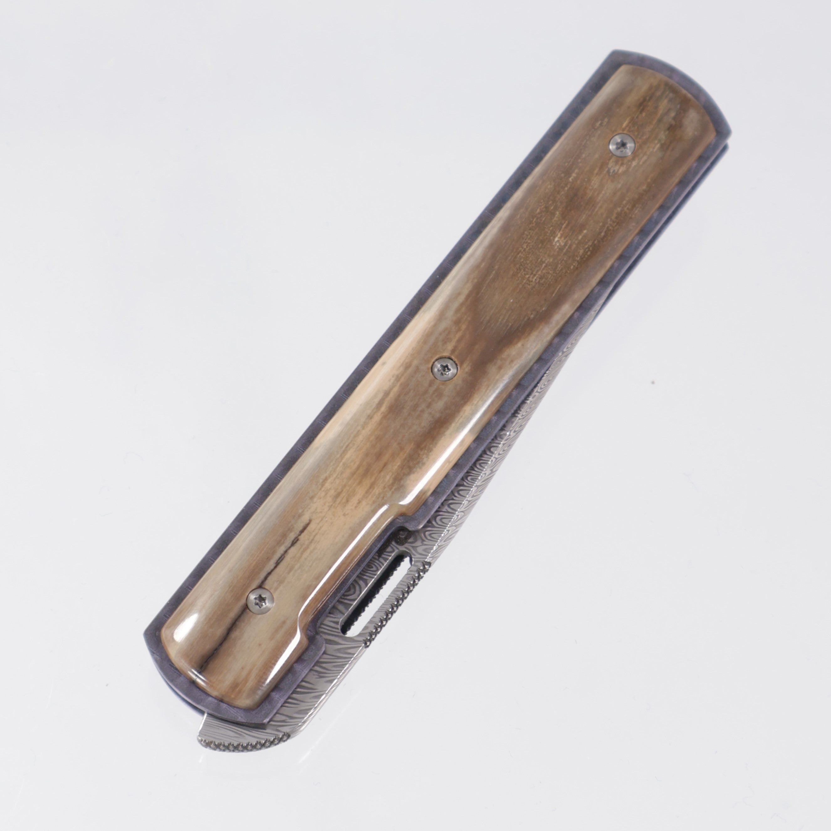 Brad Zinker Urban Trapper 3.0 - Mammoth Ivory Scales w/ Blue Jeweled Ti Liners - Heimskringla Damasteel