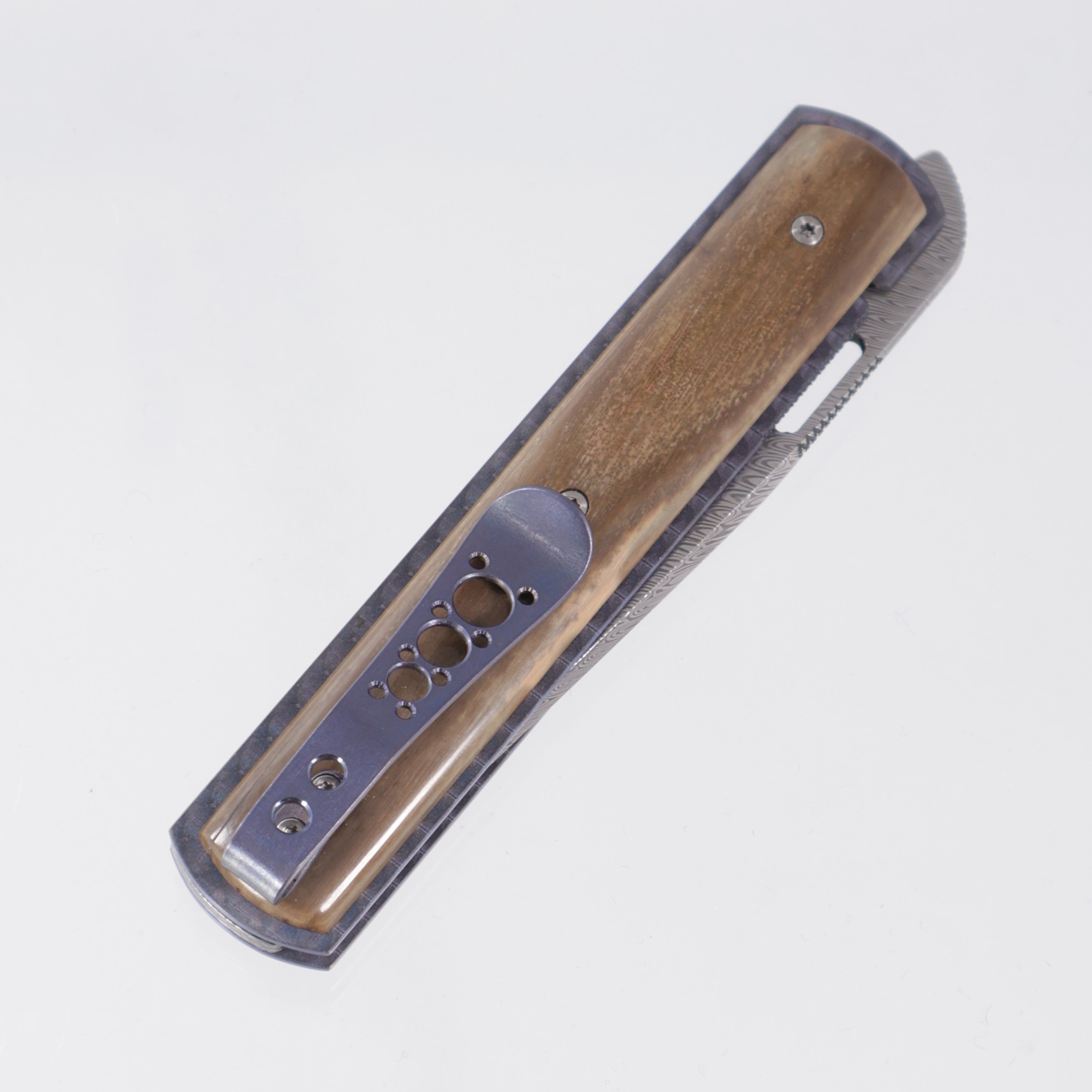 Brad Zinker Urban Trapper 3.0 - Mammoth Ivory Scales w/ Blue Jeweled Ti Liners - Heimskringla Damasteel