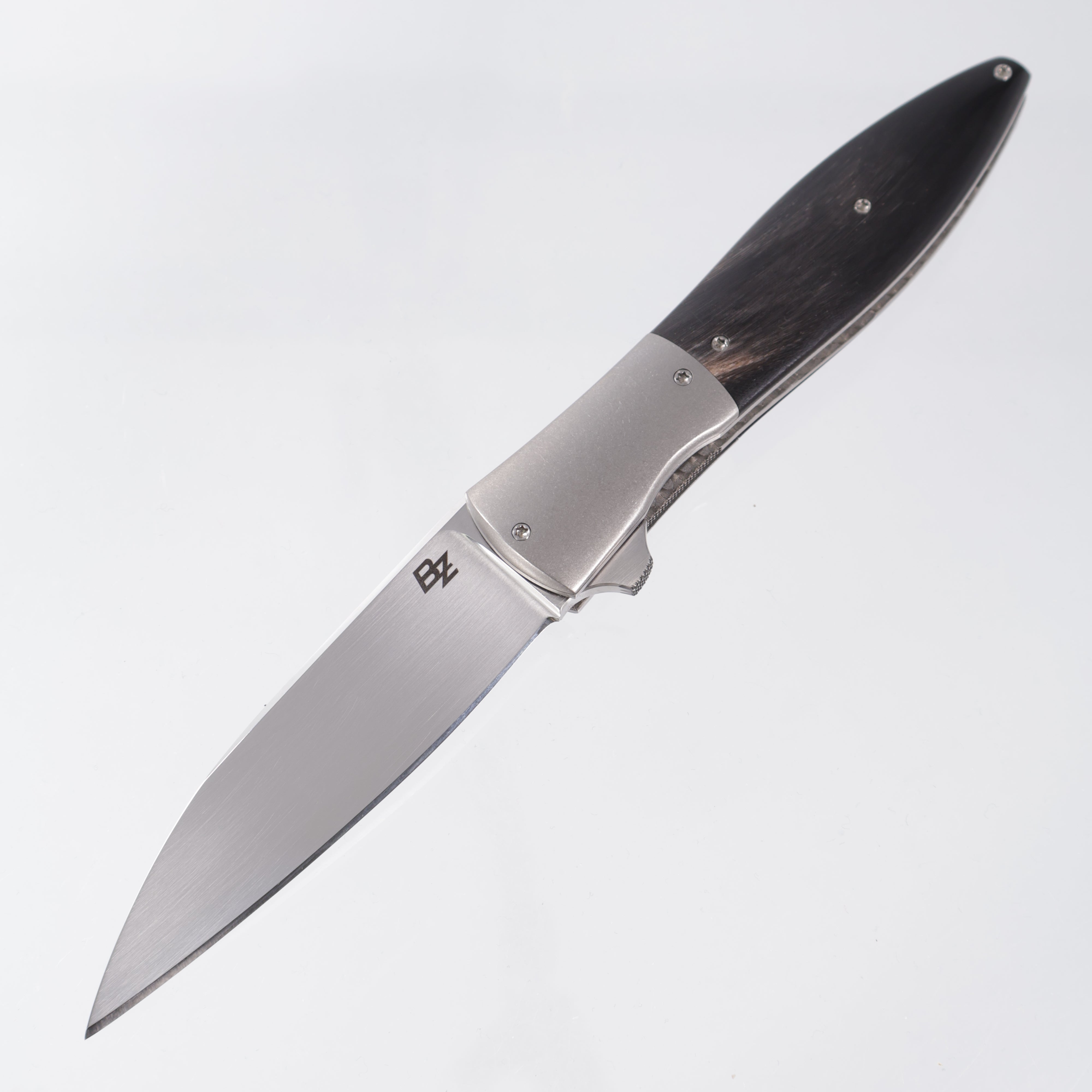 Brad Zinker Wharncliffe Flare - Buffalo Horn w/ Titanium Bolsters & Jeweled Ti Liners - Hand Satin CPM-154