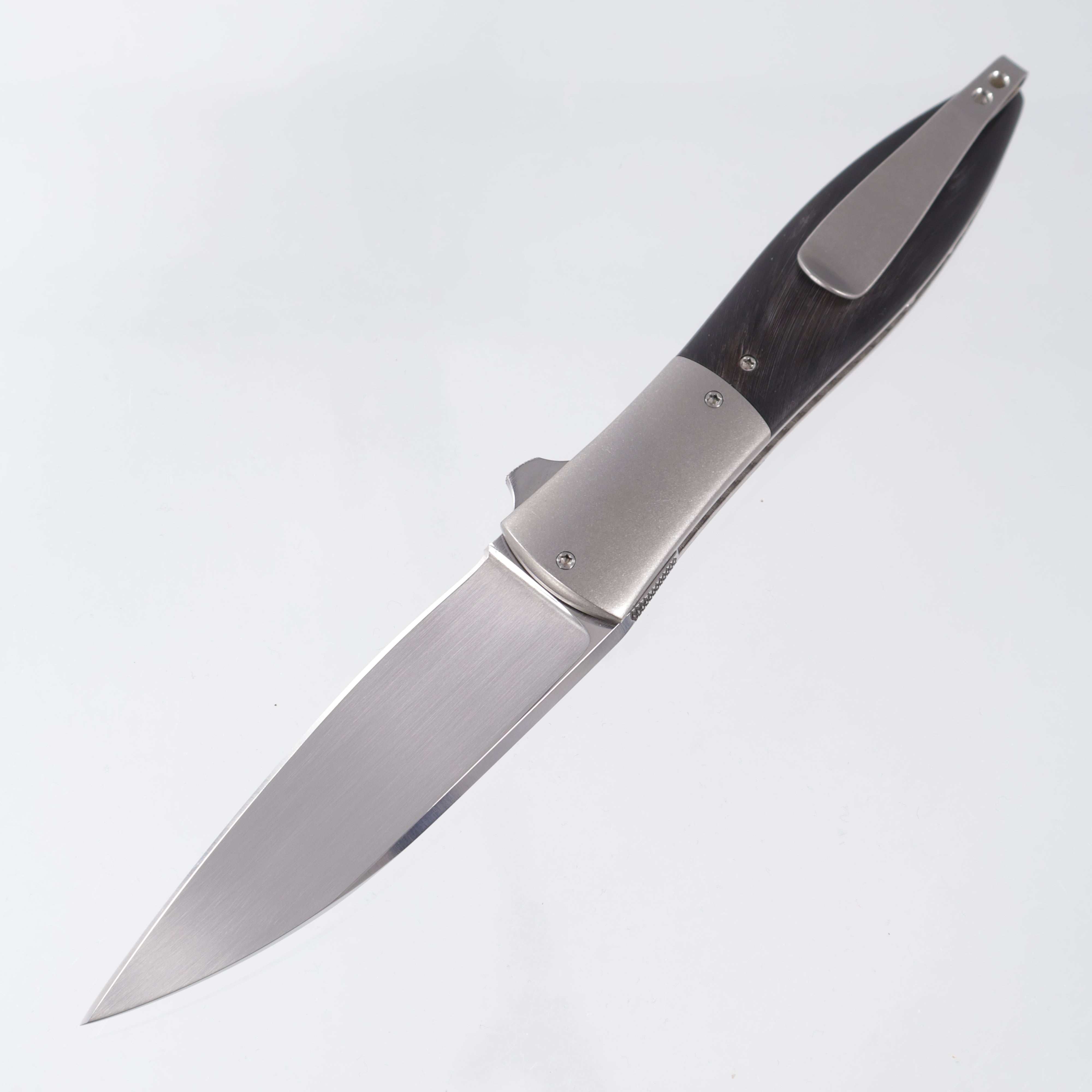 Brad Zinker Wharncliffe Flare - Buffalo Horn w/ Titanium Bolsters & Jeweled Ti Liners - Hand Satin CPM-154