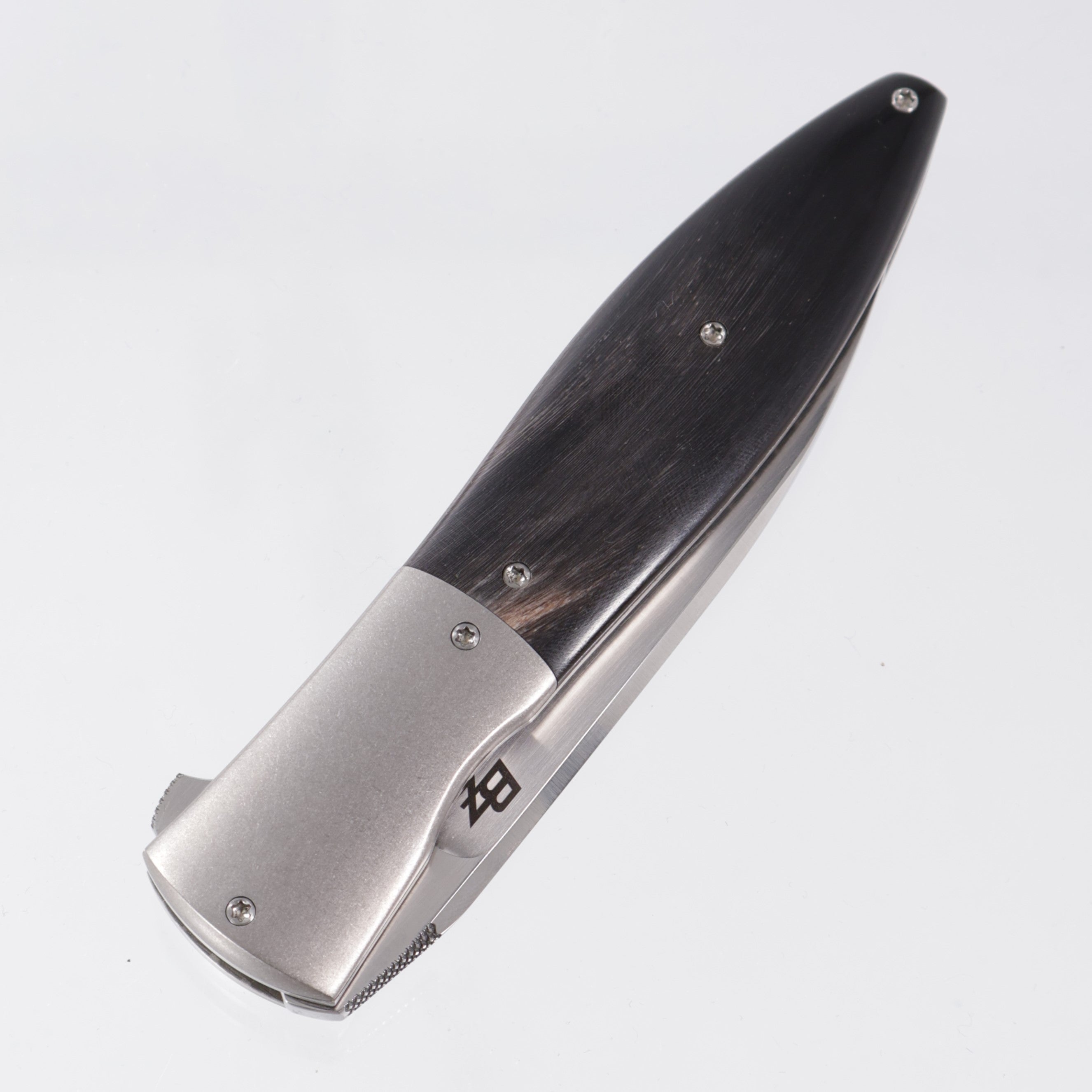 Brad Zinker Wharncliffe Flare - Buffalo Horn w/ Titanium Bolsters & Jeweled Ti Liners - Hand Satin CPM-154