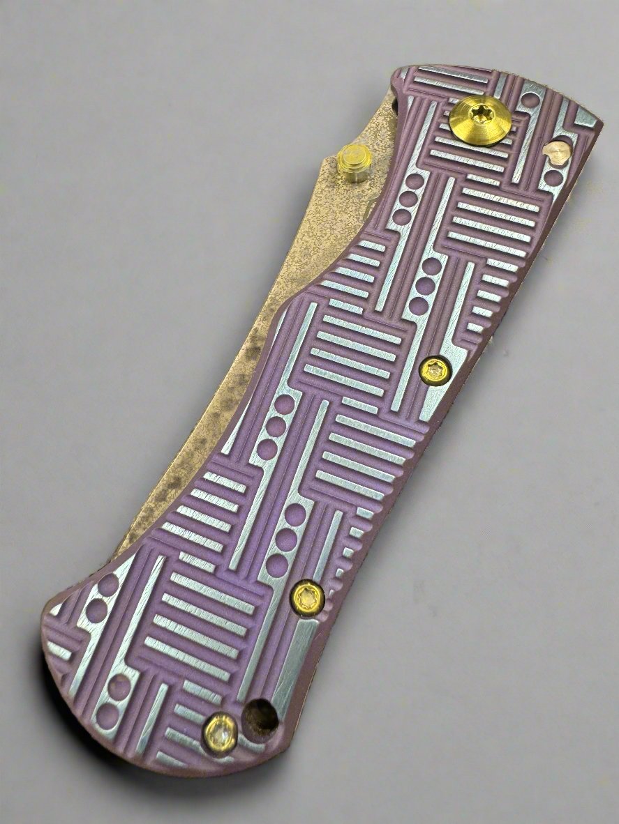 Pre Owned John Gray Rostrum, Black Rain Tanto Blade, Circuit Pattern Milled Titanium Purple Ano Mokuti Accents