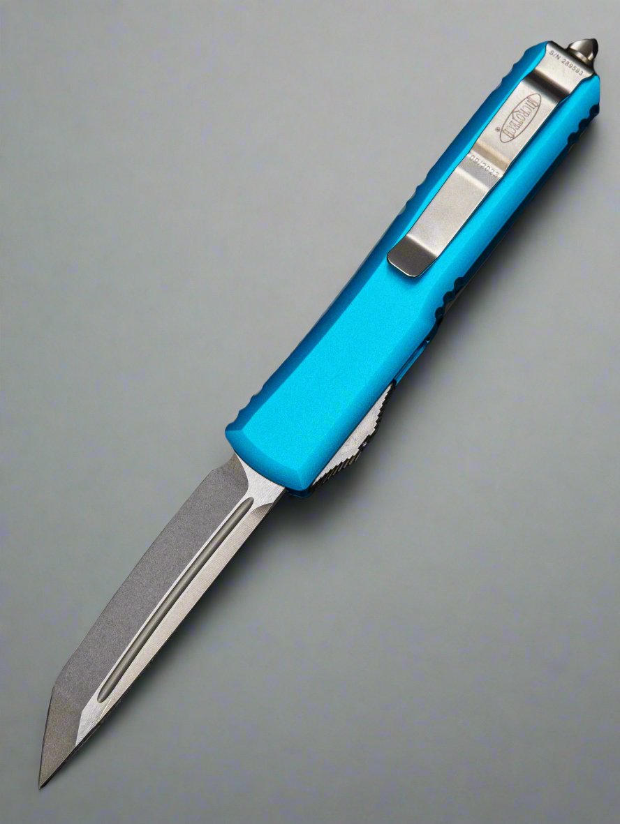 MICROTECH ULTRATECH OTF KNIFE- TANTO EDGE- TURQUOISE HANDLE- STONEWASH BLADE 123-10 TQ