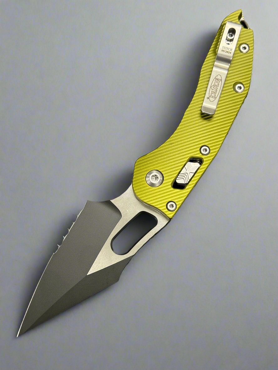 Microtech Knives Manual Stitch RAM LOK Fluted OD Green Aluminum & Two Tone Black Partial Serrated M390MK 169RL-2 FLOD