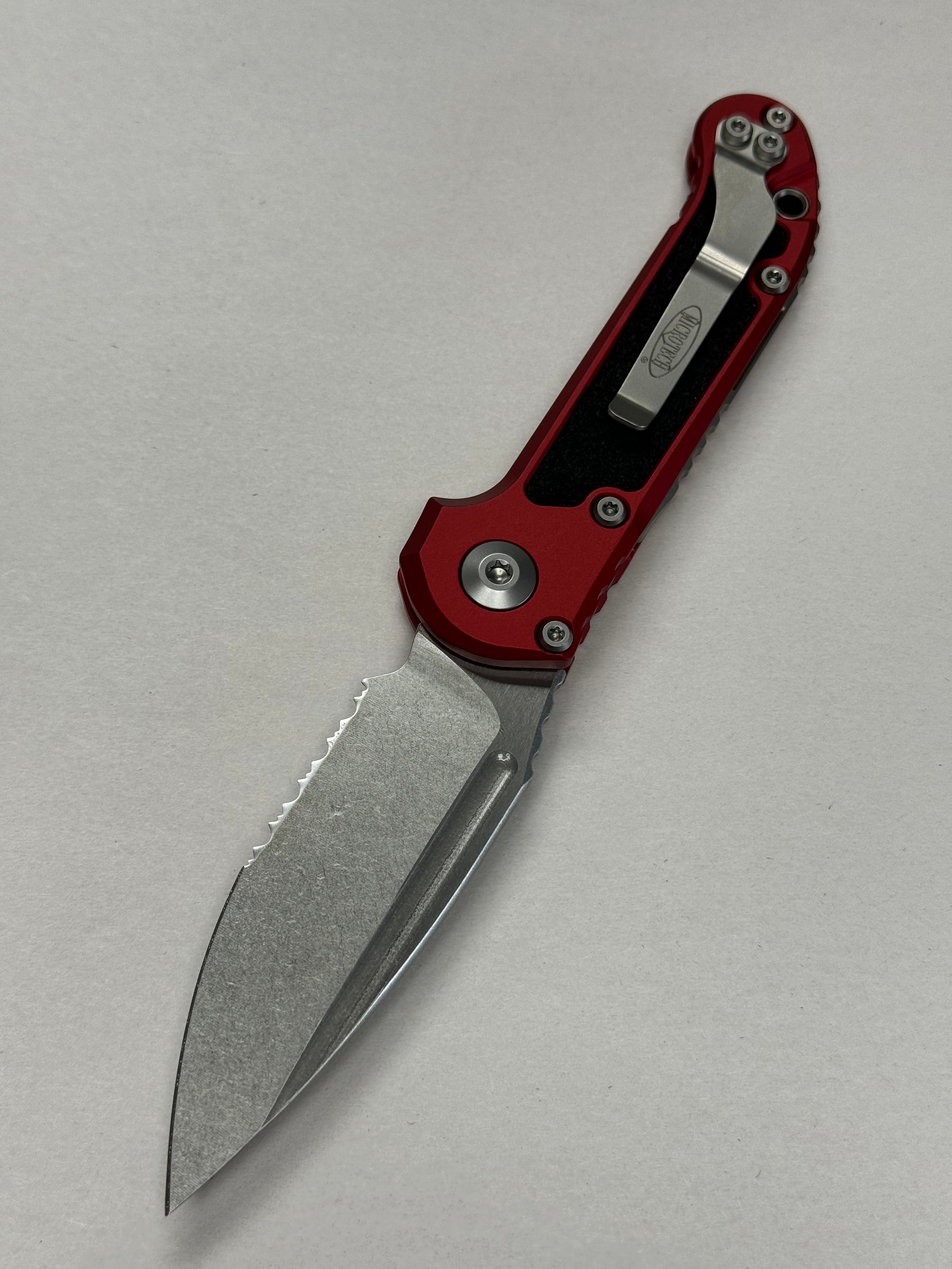 Microtech Knives LUDT Gen III Stonewash Partial Serrated Drop Point w/ Red Handle 1135-11 RD
