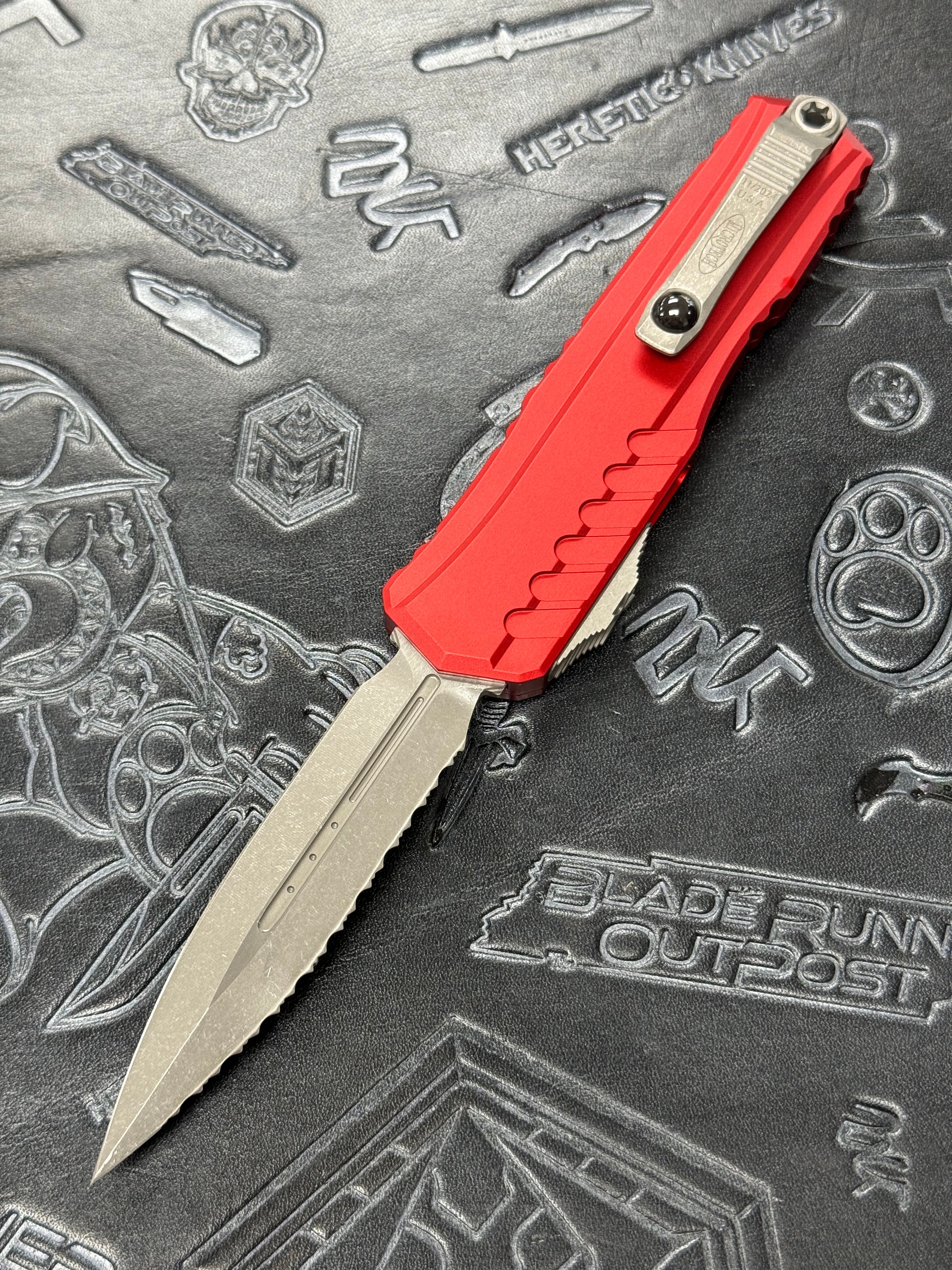 Microtech Cypher II D/E Full Serrated Apocalyptic w/ Red Handle 1242-12 APRD