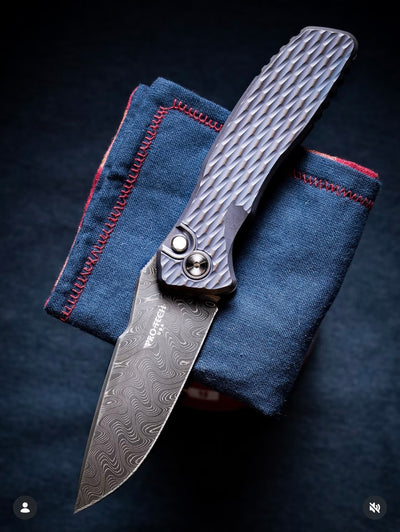 Pro-Tech Spartan Pallas Auto - Distressed Blue & Bronze Anodized Lattice Texture Titanium w/ Black Lip Pearl Button - Chad Nichols Boomerang Damascus - 2026 Pallas Custom 005