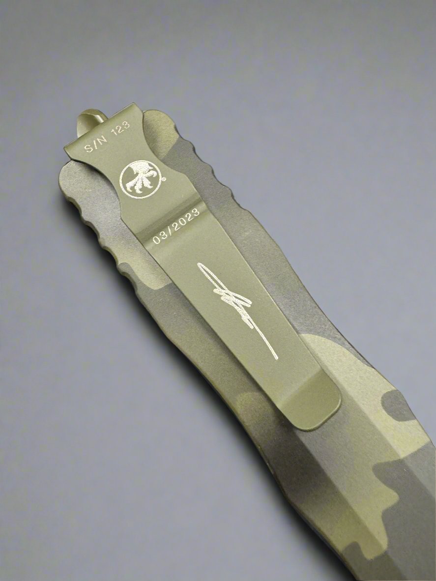 Pre Owned Like New Microtech Dirac Delta D/E Olive Camo Fully Serrated Signature Series 227-3OCS