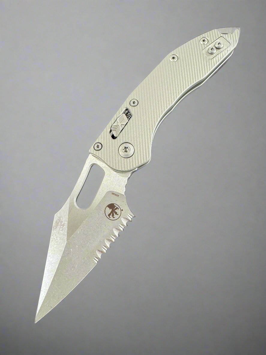 Microtech Knives Manual Stitch RAM LOK Fluted Apocalyptic Natural Clear Partial Serrated M390MK 169RL-11 APFLNC