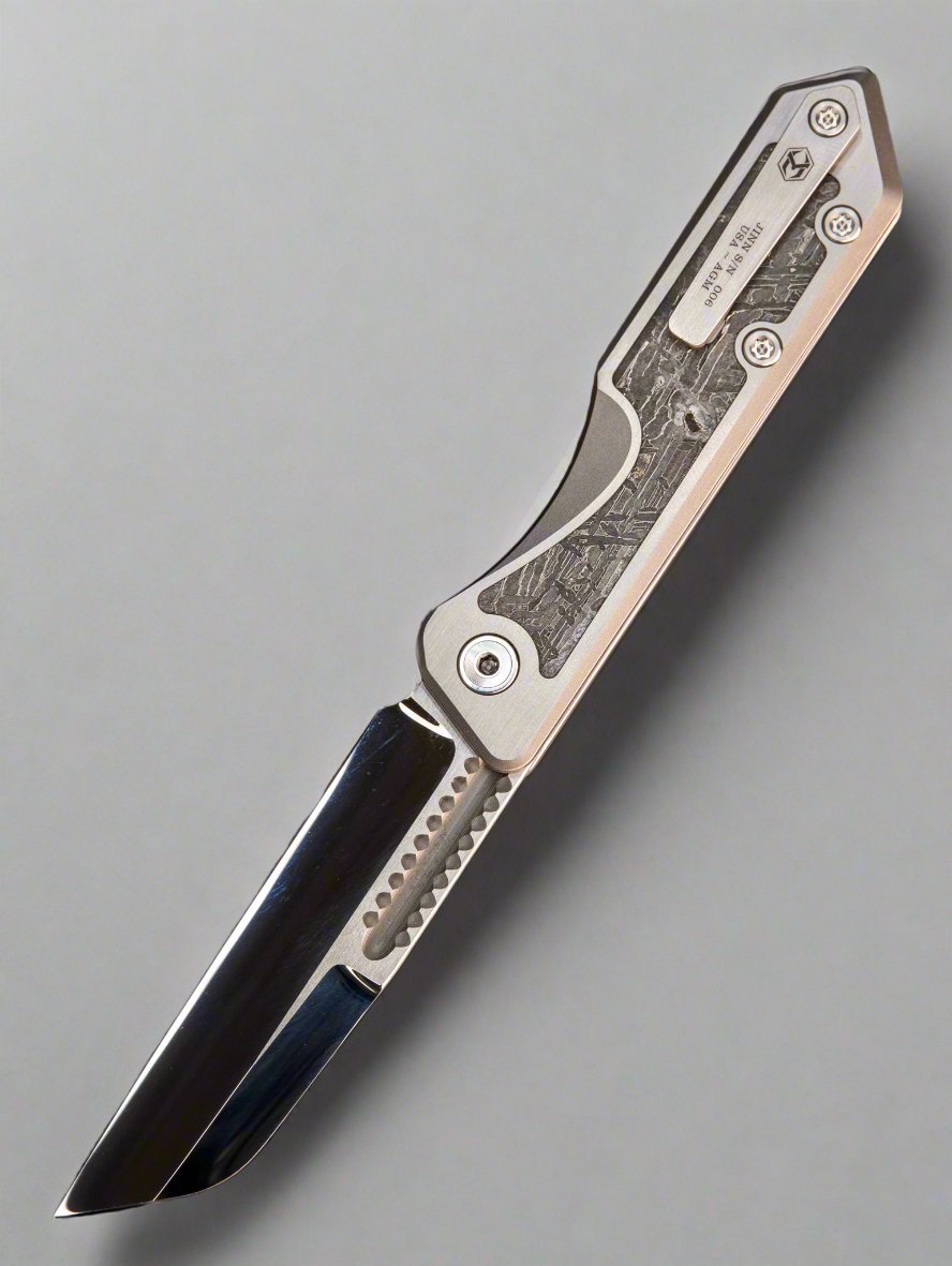 Heretic Jinn Custom - Titanium w/ Meteorite Space Rock Inset & Hand Ground Mirror Polished Elmax MOP Pivot Inlays