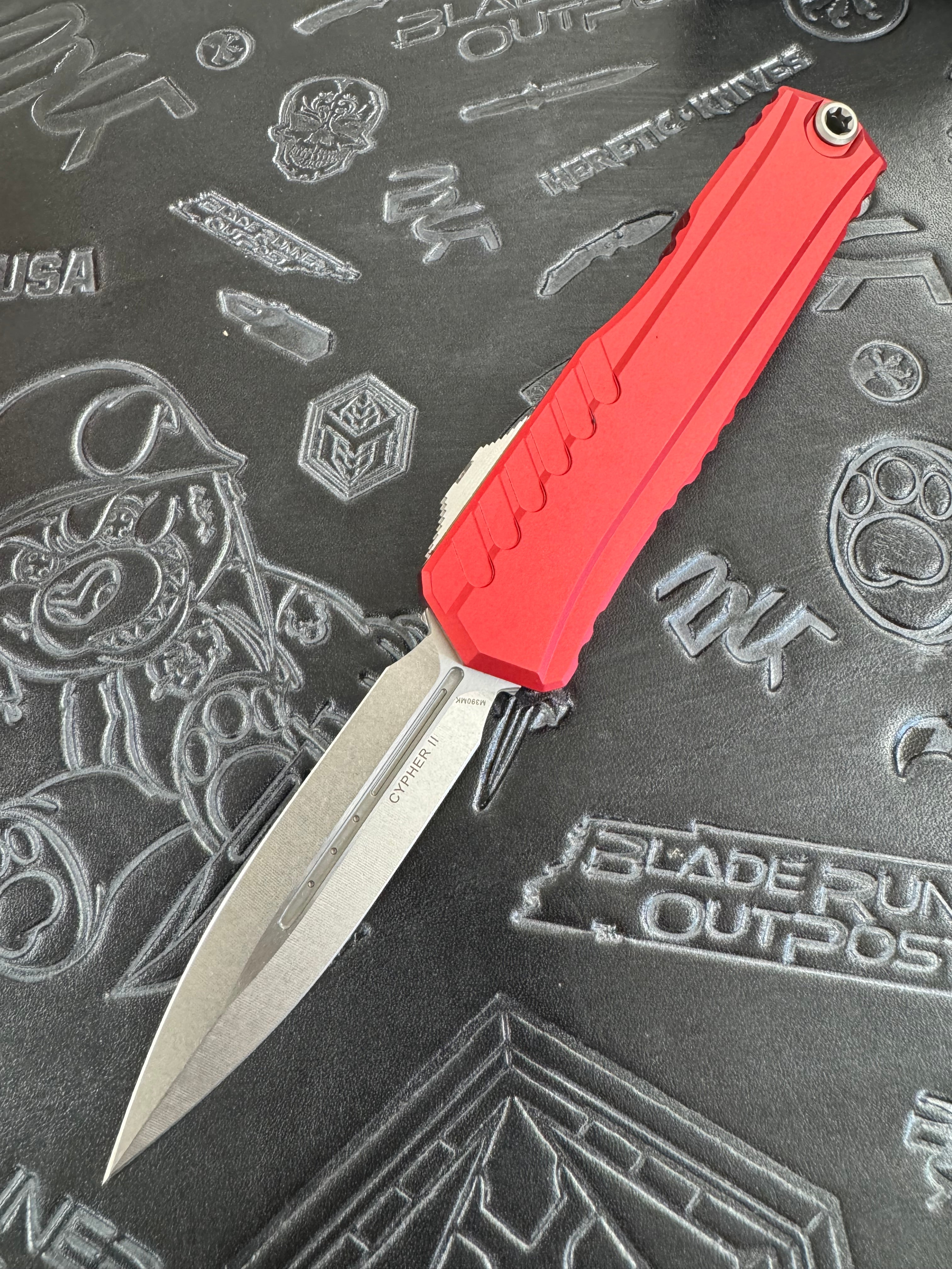Microtech Cypher II D/E Stonewash w/ Red Handle 1242-10 RD
