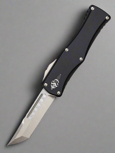 MICROTECH HERA OTF KNIFE- HELLHOUND EDGE- BLACK HANDLE- STONEWASH STANDARD 919-10 S