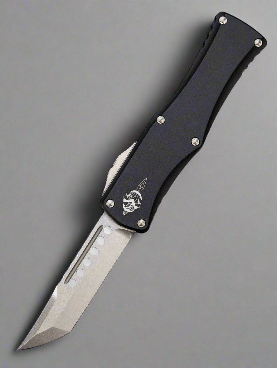 MICROTECH HERA OTF KNIFE- HELLHOUND EDGE- BLACK HANDLE- STONEWASH STANDARD 919-10 S