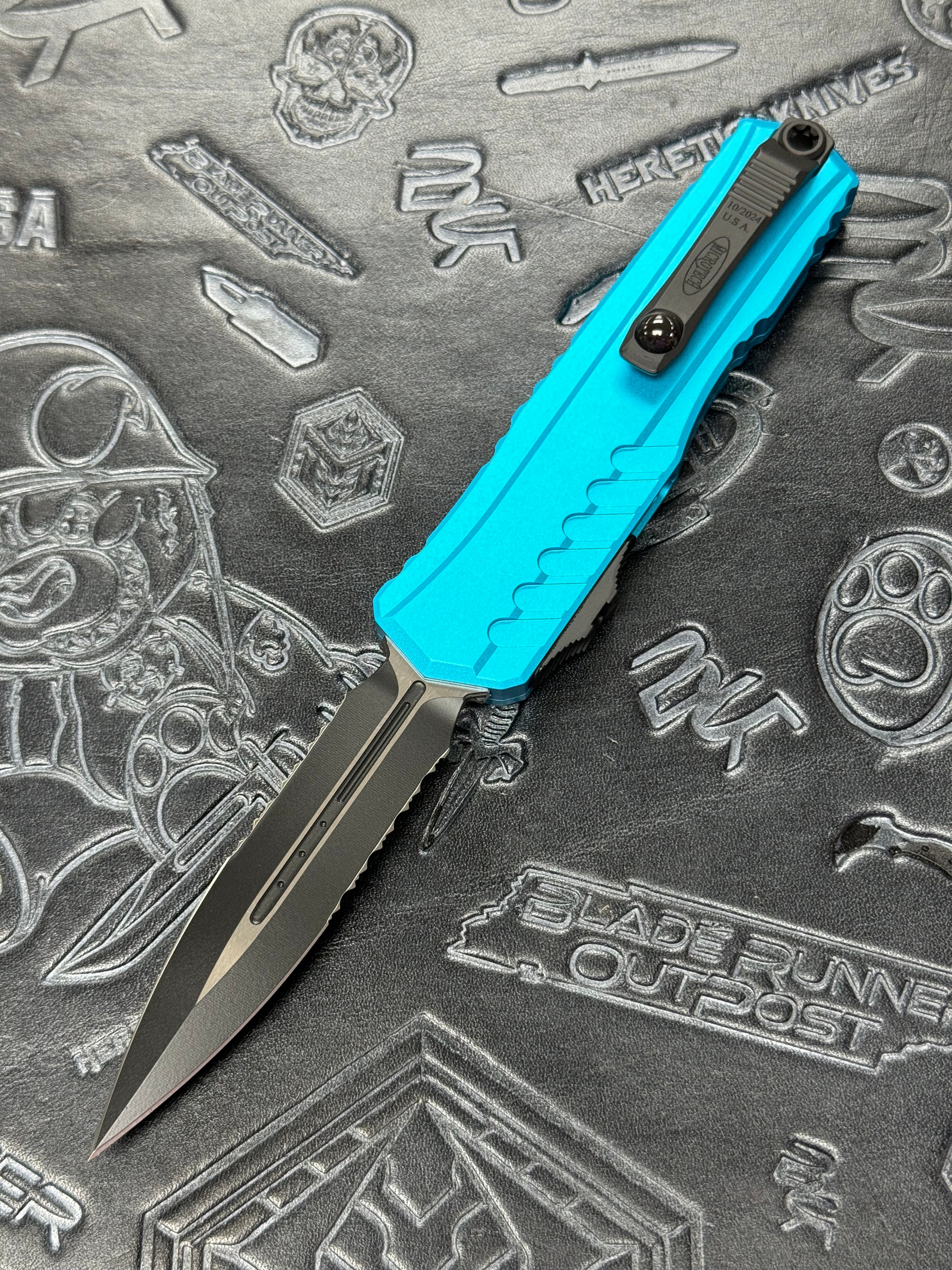 Microtech Cypher II D/E Black Partial Serrated w/ Turquoise Handle 1242-2 TQ