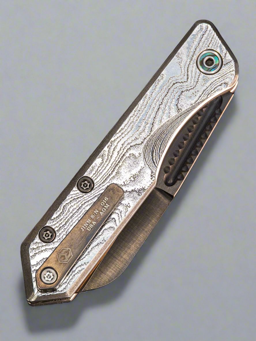 HERETIC CUSTOM JINN - SLIP JOINT WOOD GRAIN DAMASCUS HANDLE ABALONE ACCENTS 3" DLC MAGNACUT