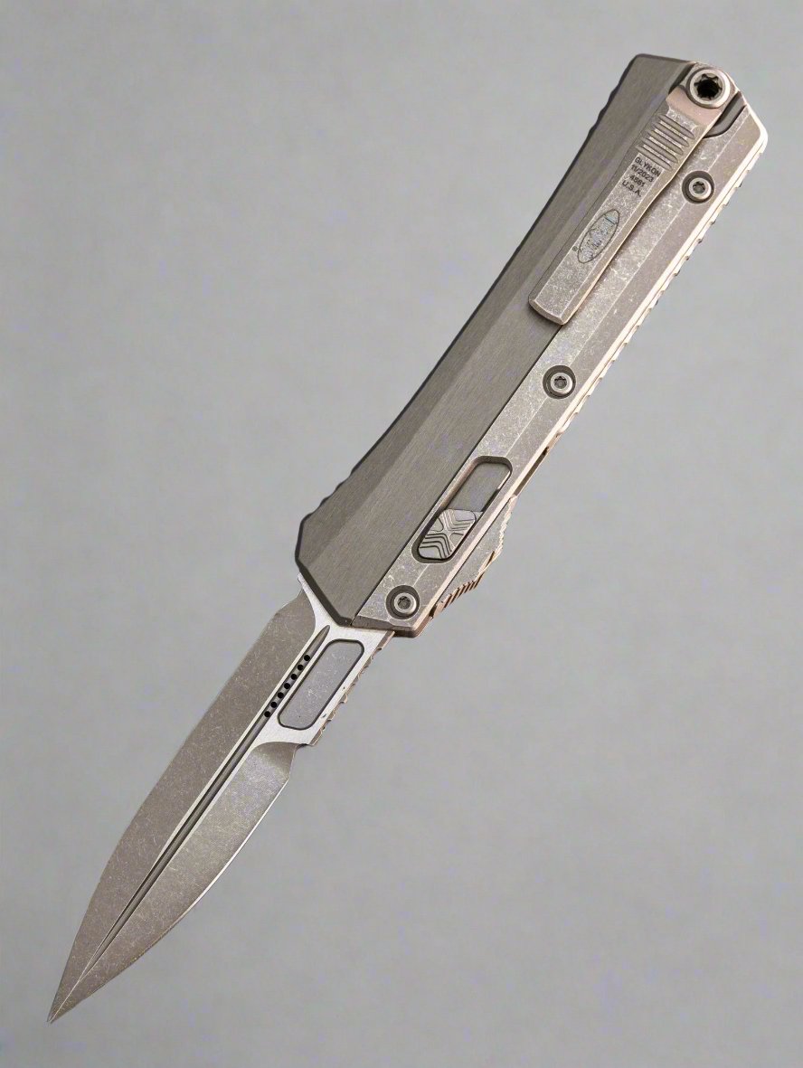 MICROTECH GLYKON OTF KNIFE- BAYONET EDGE- NATURAL CLEAR FINISHED HANDLE WITH BEAD BLAST TITANIUM ACCENTS AND HARDWARE- APOCALYPTIC PLAIN EDGE BLADE 184-10 APNC