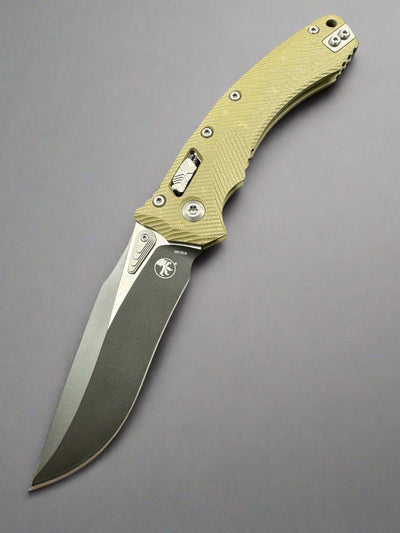 MICROTECH KNIVES- AMPHIBIAN RAM-LOK FOLDER- FLUTED OD GREEN G-10 HANDLE- BLACK PLAIN EDGE BLADE 137RL-1 FLGTOD