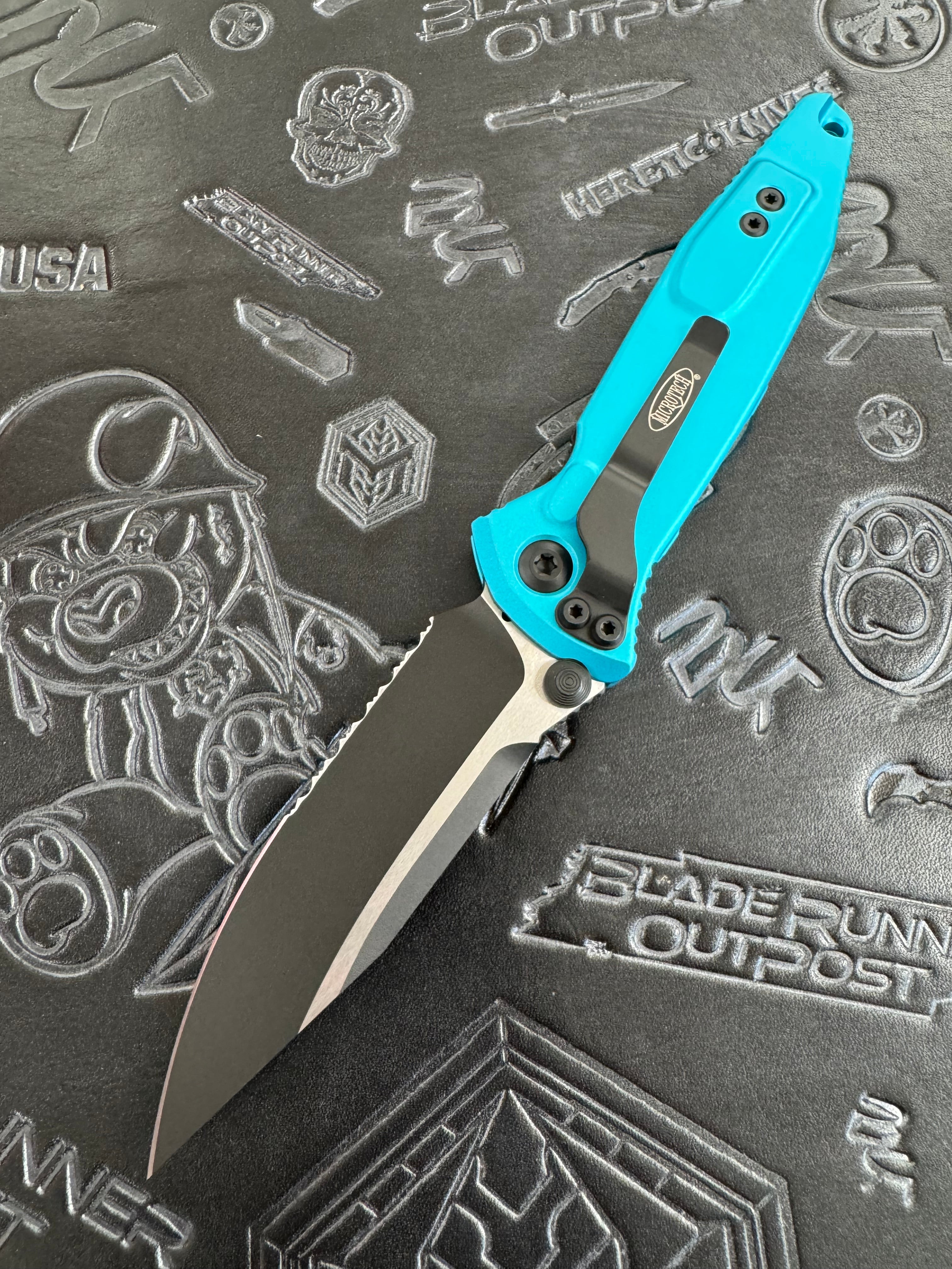 Microtech Socom Elite Manual Black Single Edge Part Serrated w/ Turquoise Handles 160-2 TQ