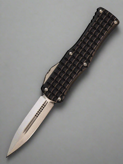 MICROTECH HERA OTF KNIFE- FRAG- DOUBLE EDGE- BLACK FRAG HANDLE- STONEWASH PLAIN EDGE 702-10 FRS
