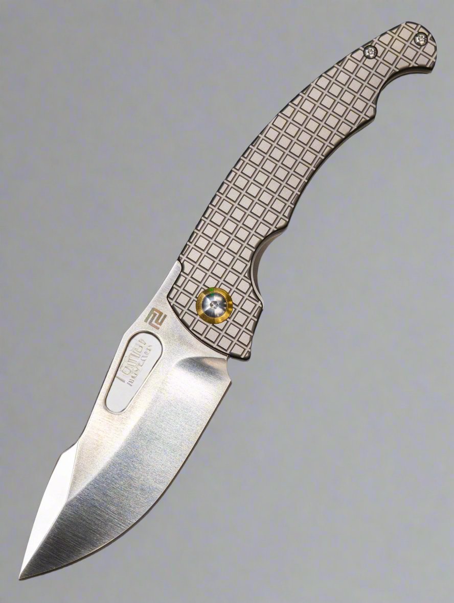 ARTISAN CUTLERY SMALL XCELLERATOR FOLDING KNIFE FRAG TITANIUM HANDLE S90V STONEWASH FINISH 1860GS-GY