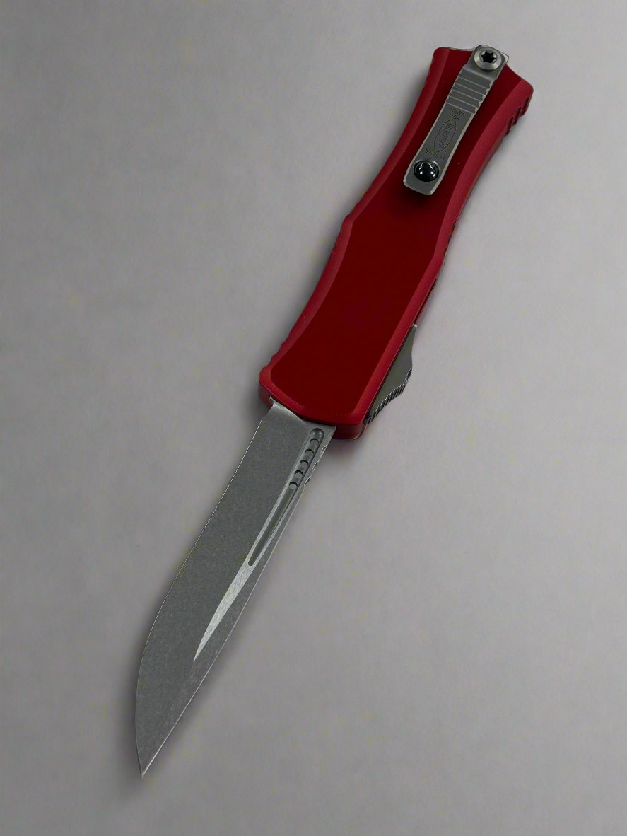 Microtech Knives Mini Hera Stonewash Recurve M390MK w/ Red Handle 1705M-10 RD