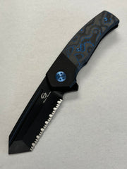 Beans Blades Mini Warrior Folder - Electric Blue Carbon Fiber, Full Serrated PVD M390