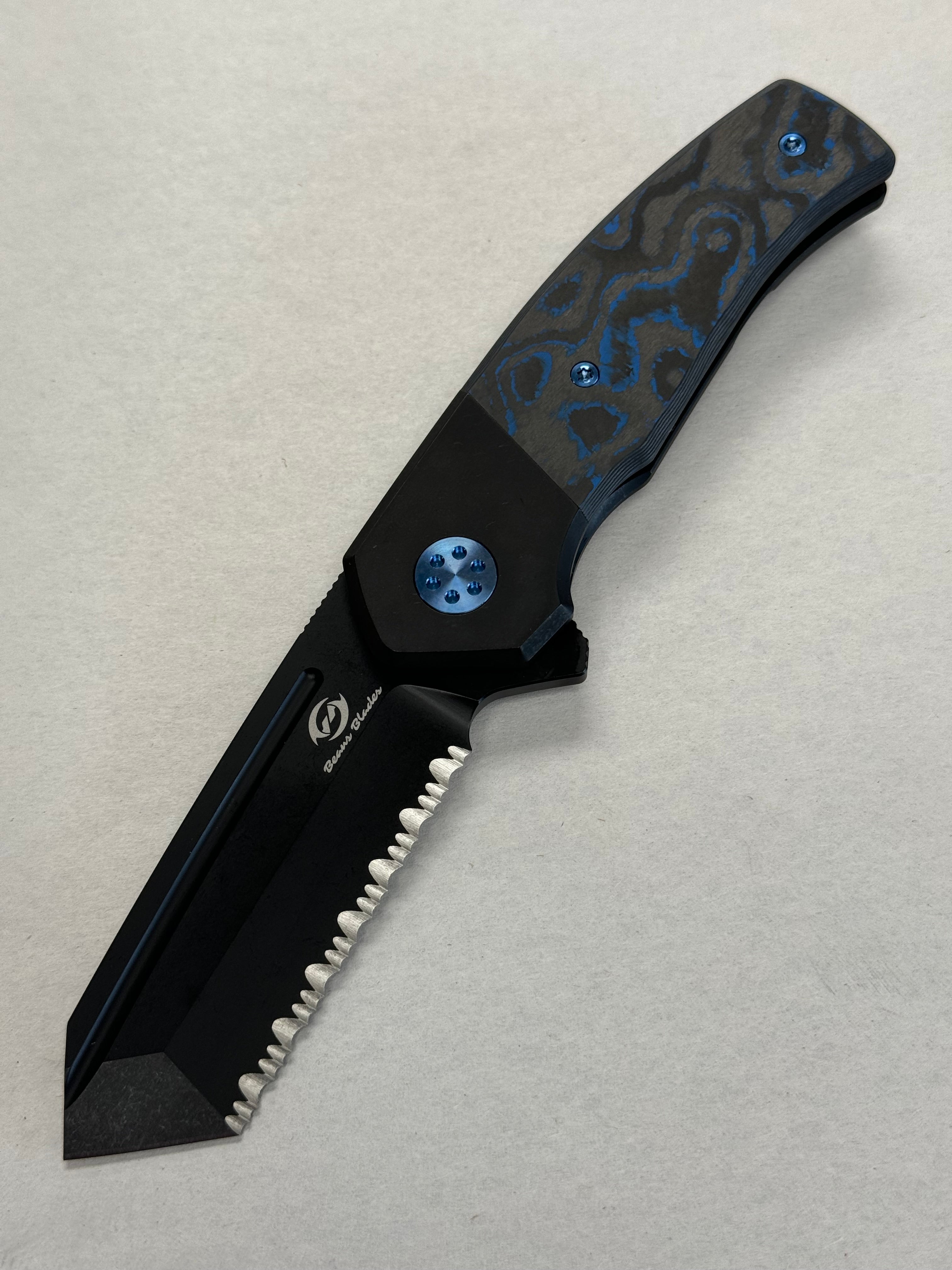 Beans Blades Mini Warrior Folder - Electric Blue Carbon Fiber, Full Serrated PVD M390